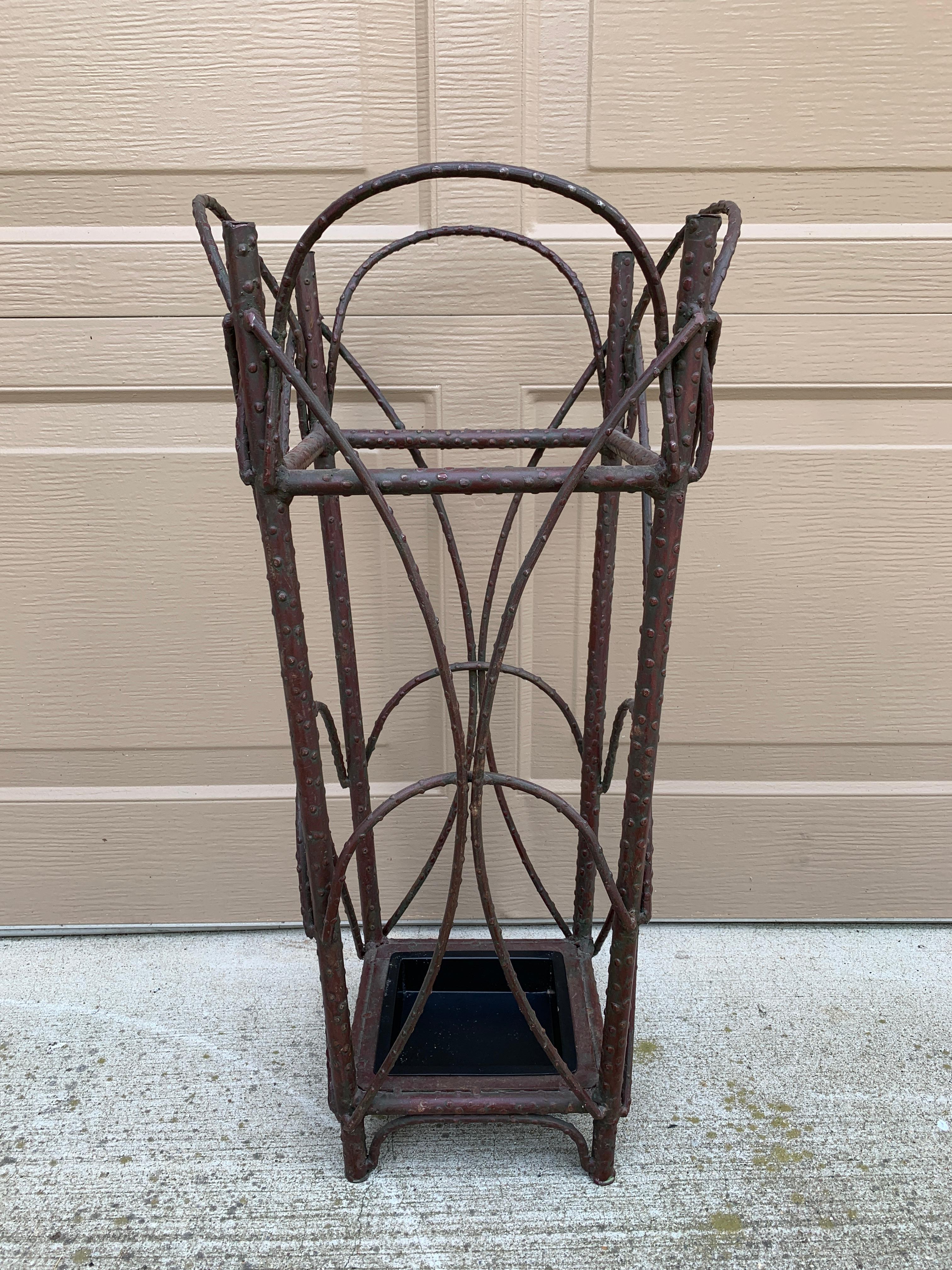 Early 20th Century Rustic Trompe L'oeil Faux Twig Iron Umbrella Stand For Sale 11