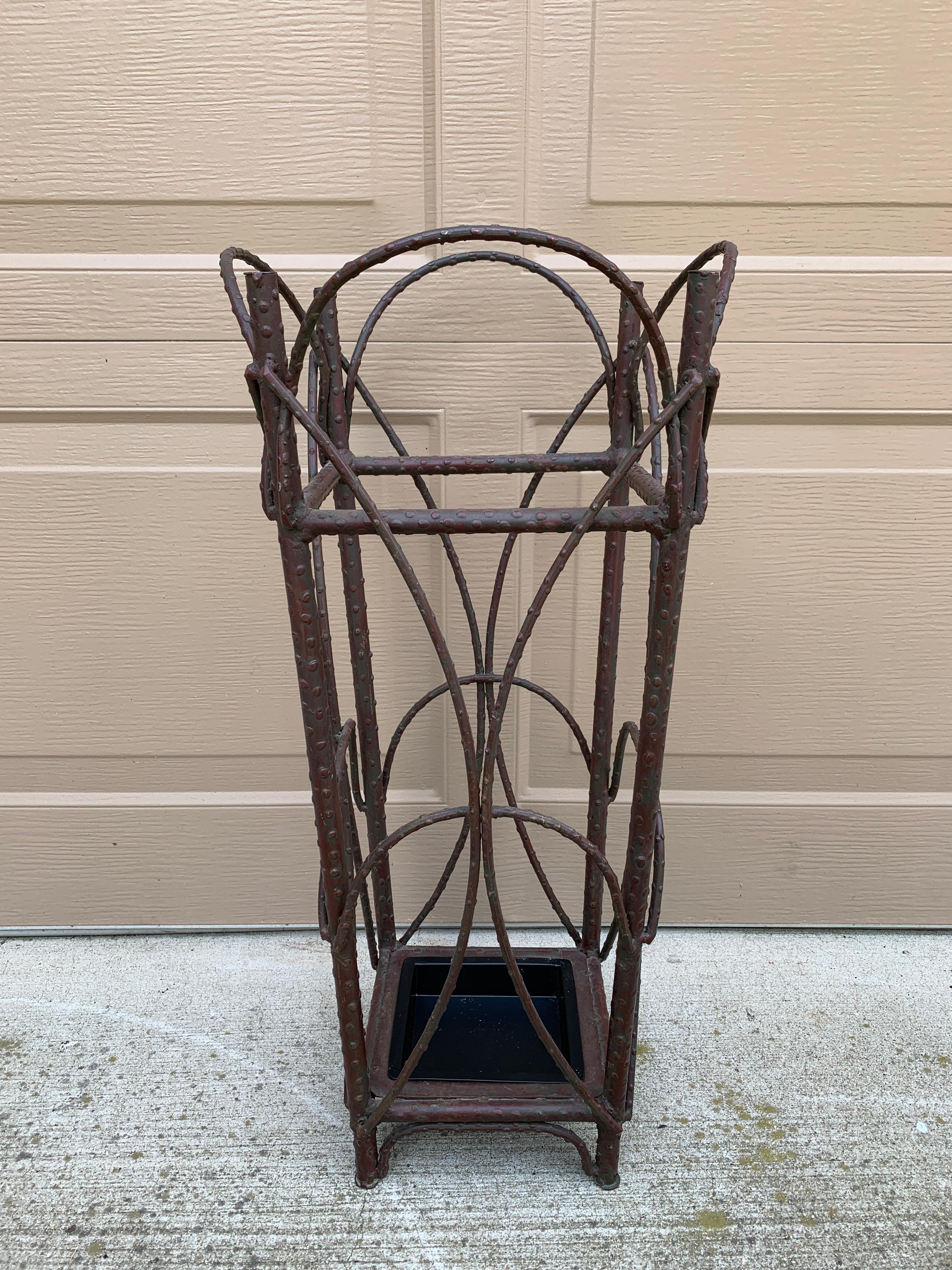 Early 20th Century Rustic Trompe L'oeil Faux Twig Iron Umbrella Stand For Sale 12