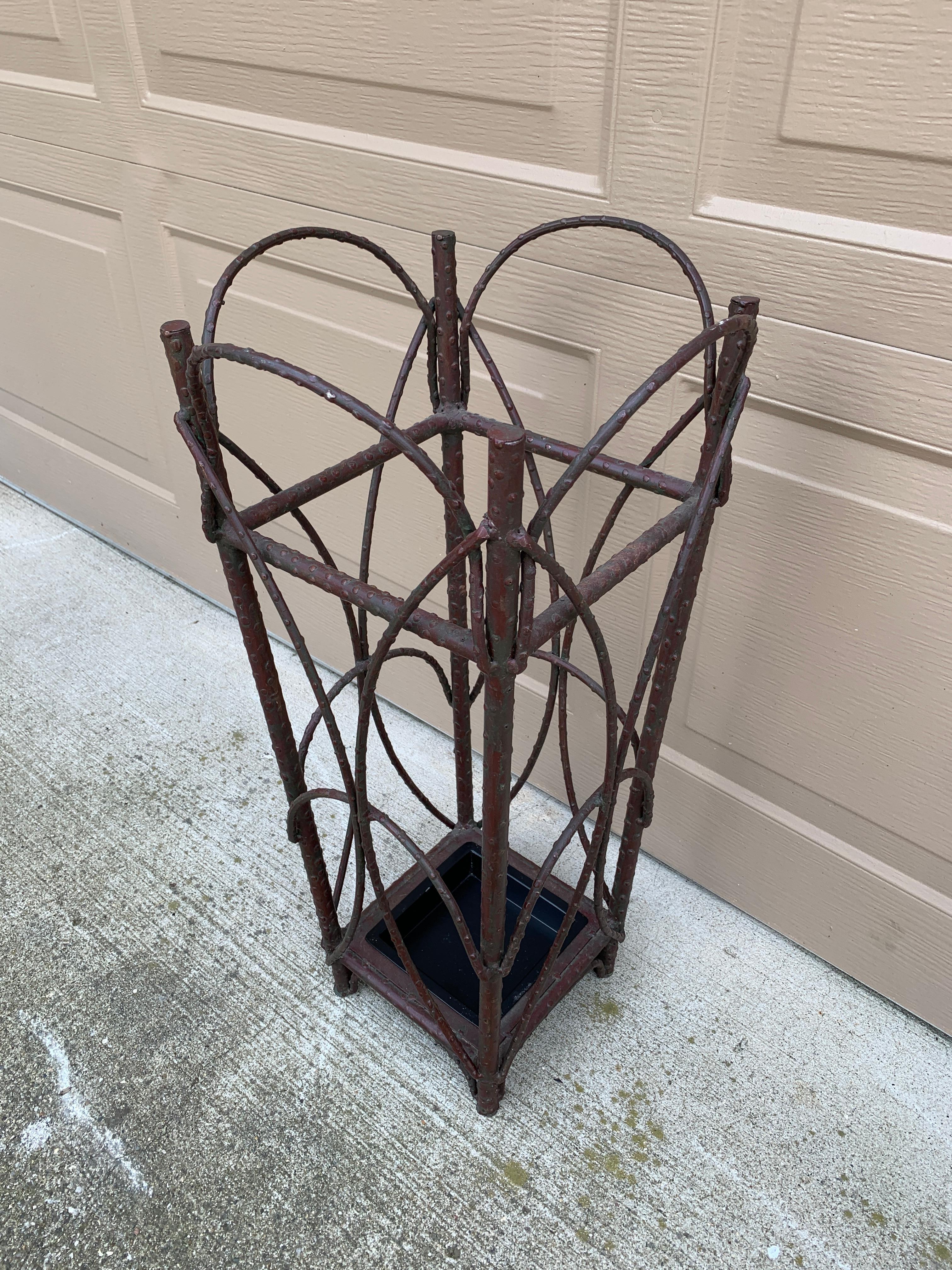 American Early 20th Century Rustic Trompe L'oeil Faux Twig Iron Umbrella Stand For Sale