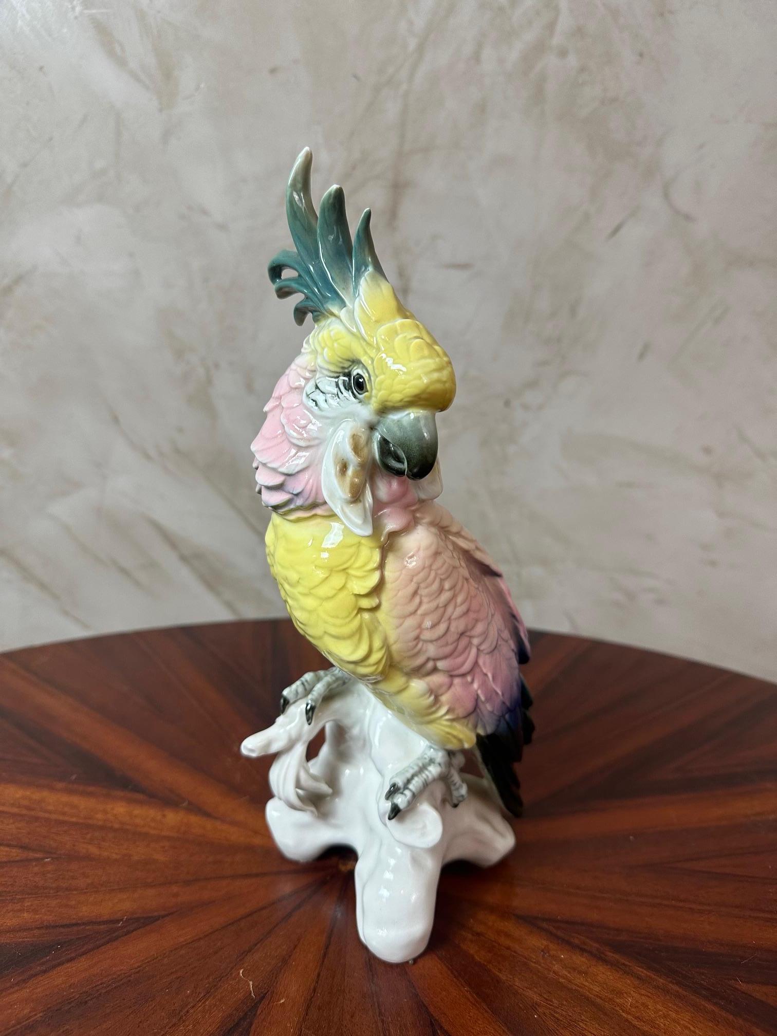 Bellissimo cacatua in porcellana sassone policroma su un ramo della fabbrica Karl Ens (Turingia), timbrato sotto la base. Risale all'inizio del XX secolo. Magnifico colore rosa, giallo e verde. Condizioni perfette. Per gli amanti dei bellissimi