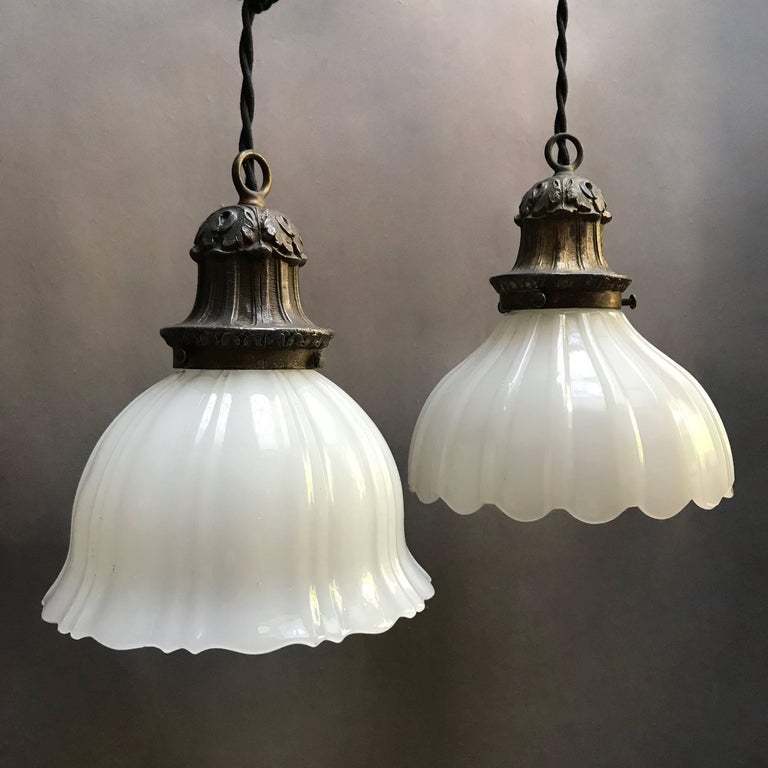 Early 20th Century Scalloped Milk Glass Pendant Lights at 1stDibs