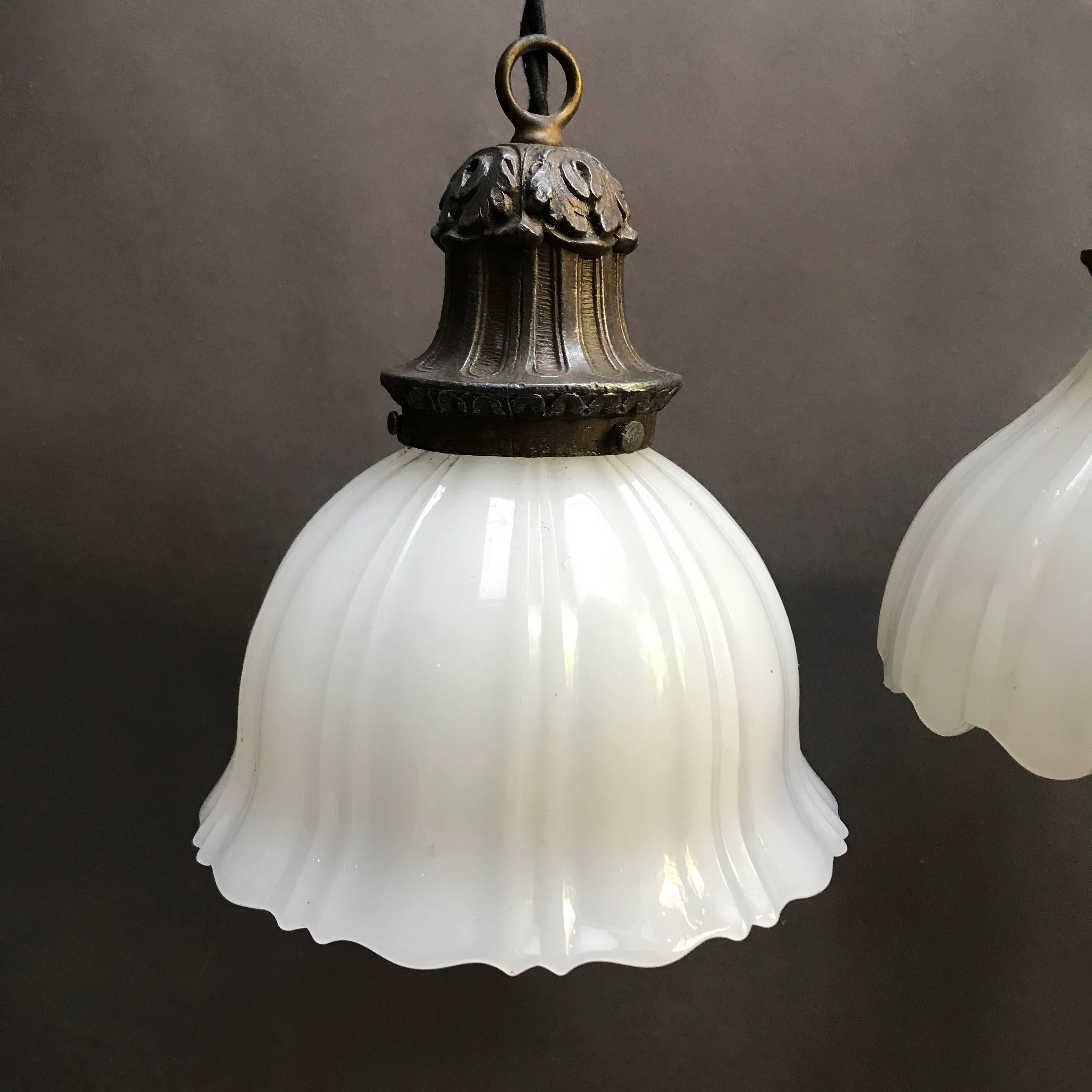 Industrial Early 20th Century Scalloped Milk Glass Pendant Lights