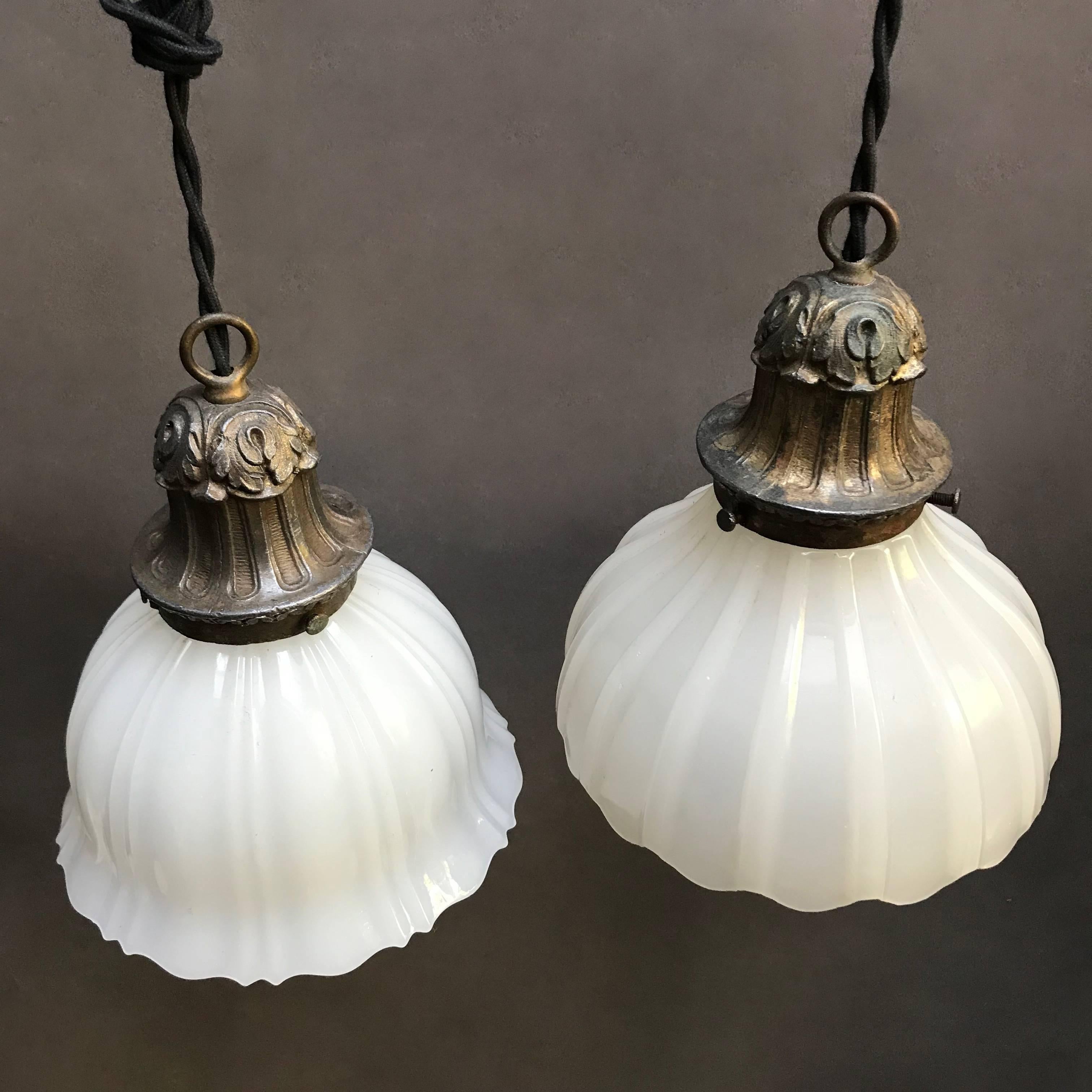 American Early 20th Century Scalloped Milk Glass Pendant Lights