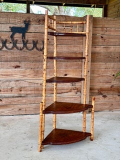 Early 20th Century Scorched English Bamboo Corner Tiered Shelf Etagere