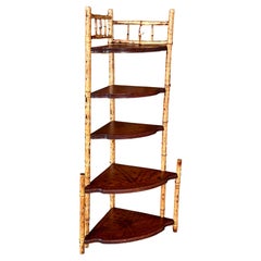 Early 20th Century Scorched English Bamboo Corner Tiered Shelf Etagere