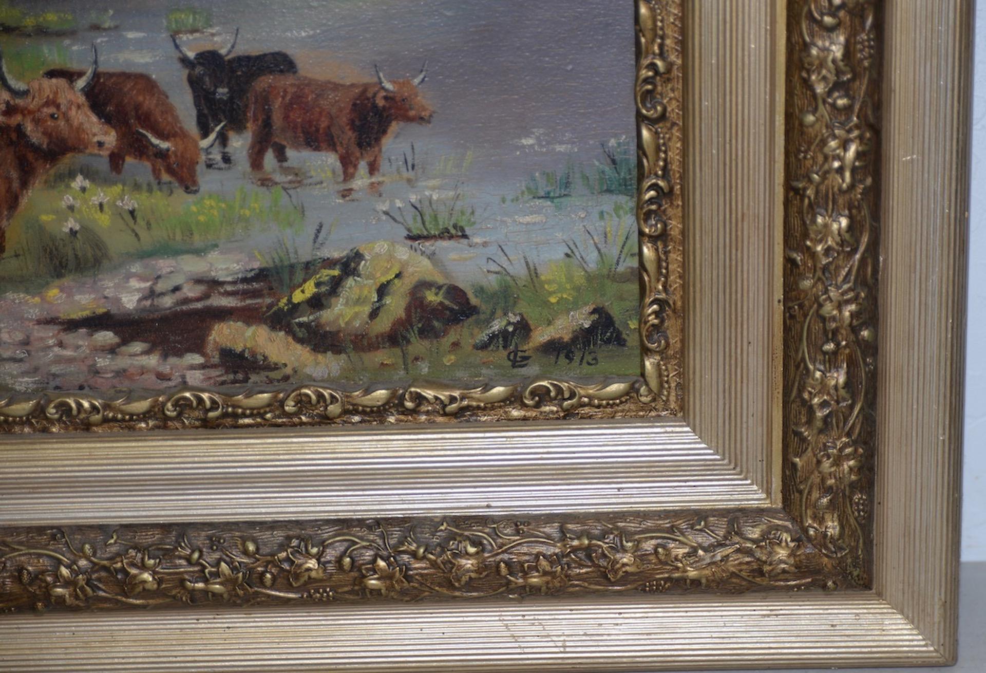 Early 20th century Scottish Highlands cattle oil painting, circa 1913.

Wonderful original oil painting of cattle in the Scottish Highlands on a cloudy day.

The painting is initialed and dated in the lower right corner.

Canvas dimensions 16