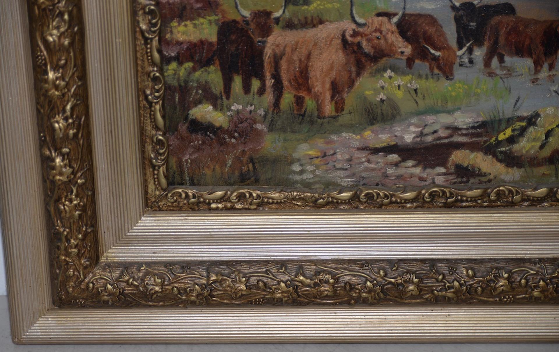 Canvas Early 20th Century Scottish Highlands Cattle Oil Painting, circa 1913
