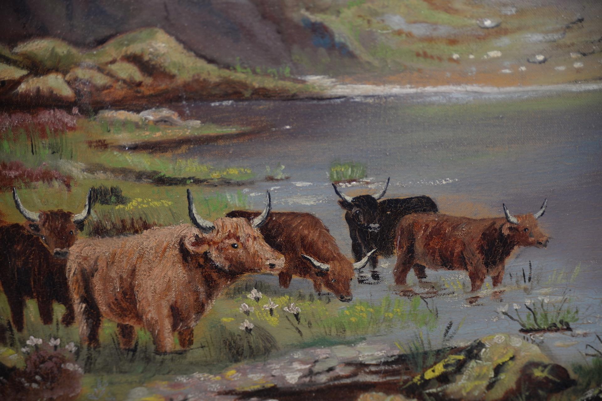 Early 20th Century Scottish Highlands Cattle Oil Painting, circa 1913 1