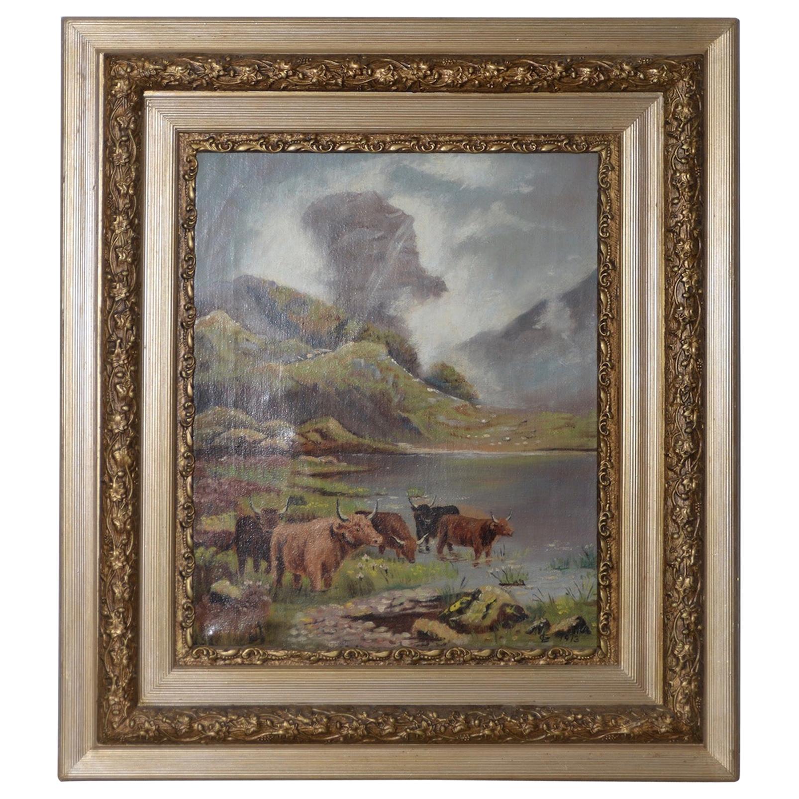 Early 20th Century Scottish Highlands Cattle Oil Painting, circa 1913