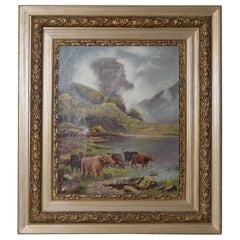 Early 20th Century Scottish Highlands Cattle Oil Painting, circa 1913