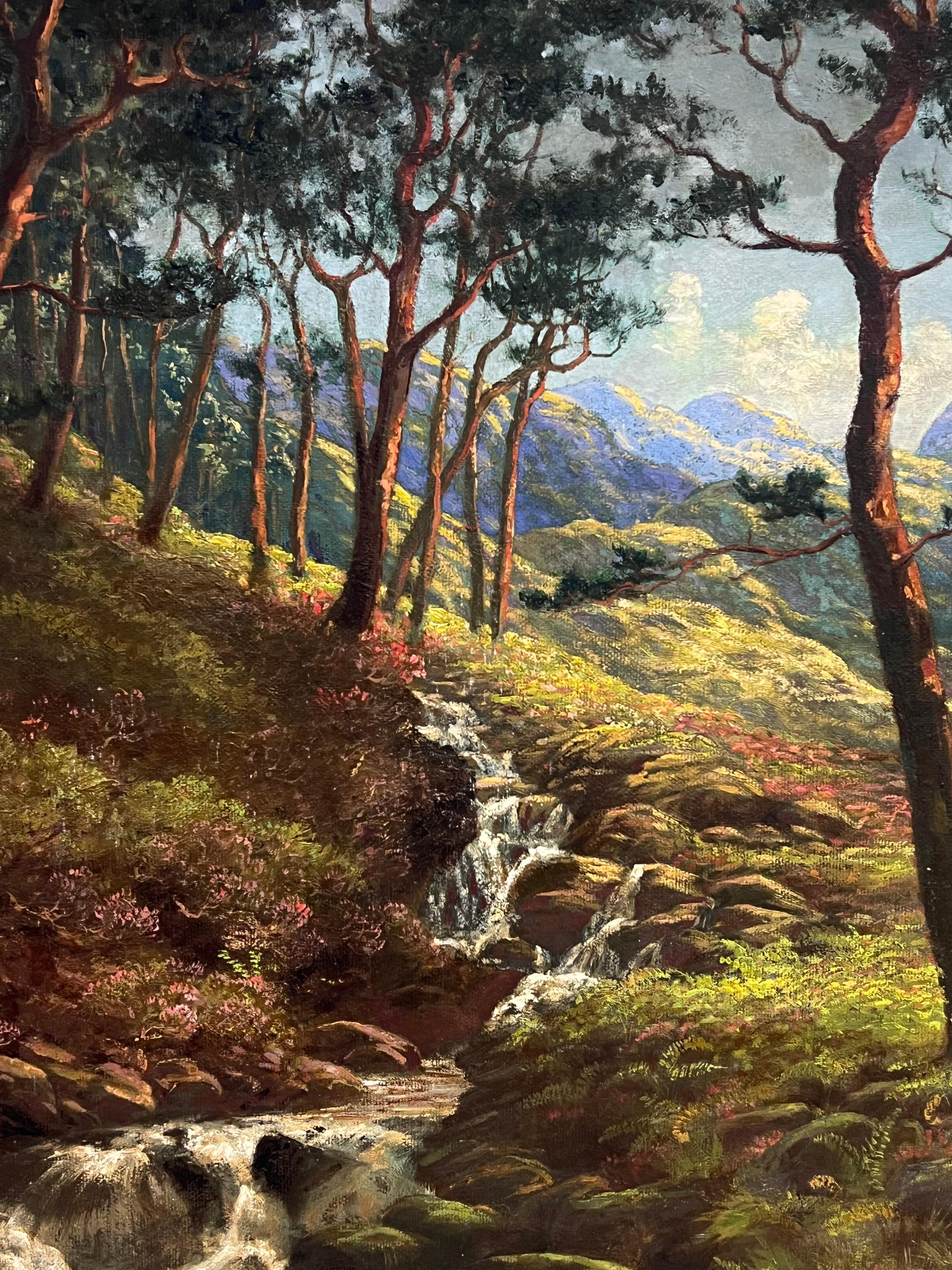 1920's Beautiful Summer Scottish Highlands Signed Ölgemälde Wasserfall Tal (Impressionismus), Painting, von Early 20th Century Scottish School