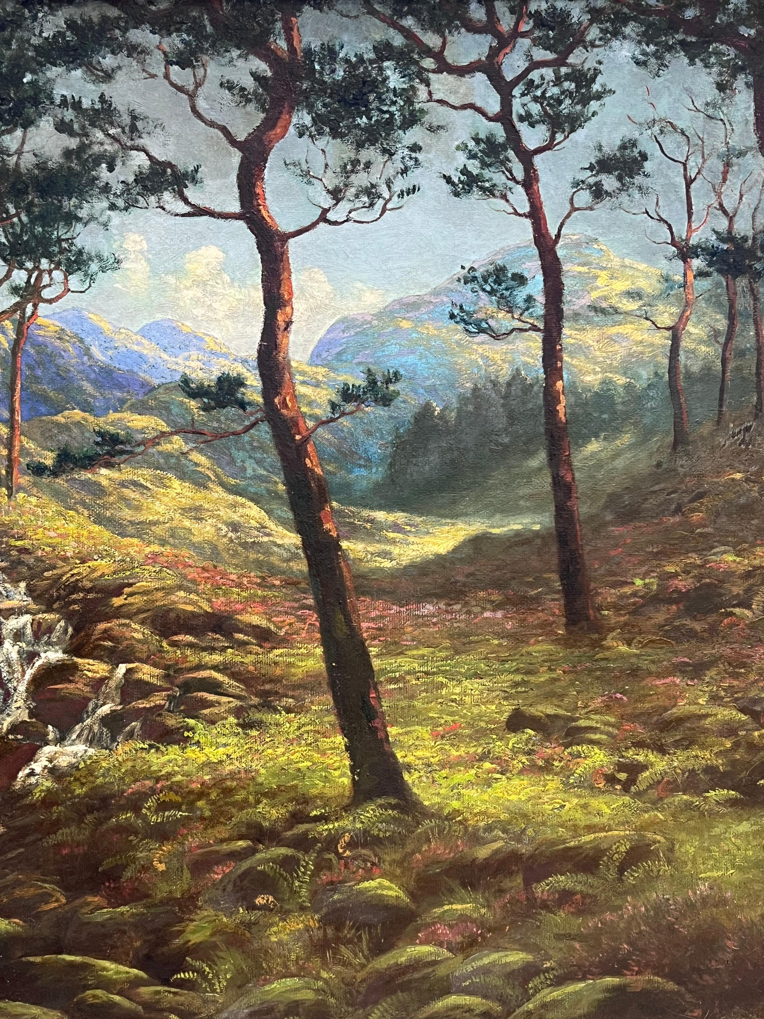1920's Beautiful Summer Scottish Highlands Signed Ölgemälde Wasserfall Tal (Schwarz), Landscape Painting, von Early 20th Century Scottish School