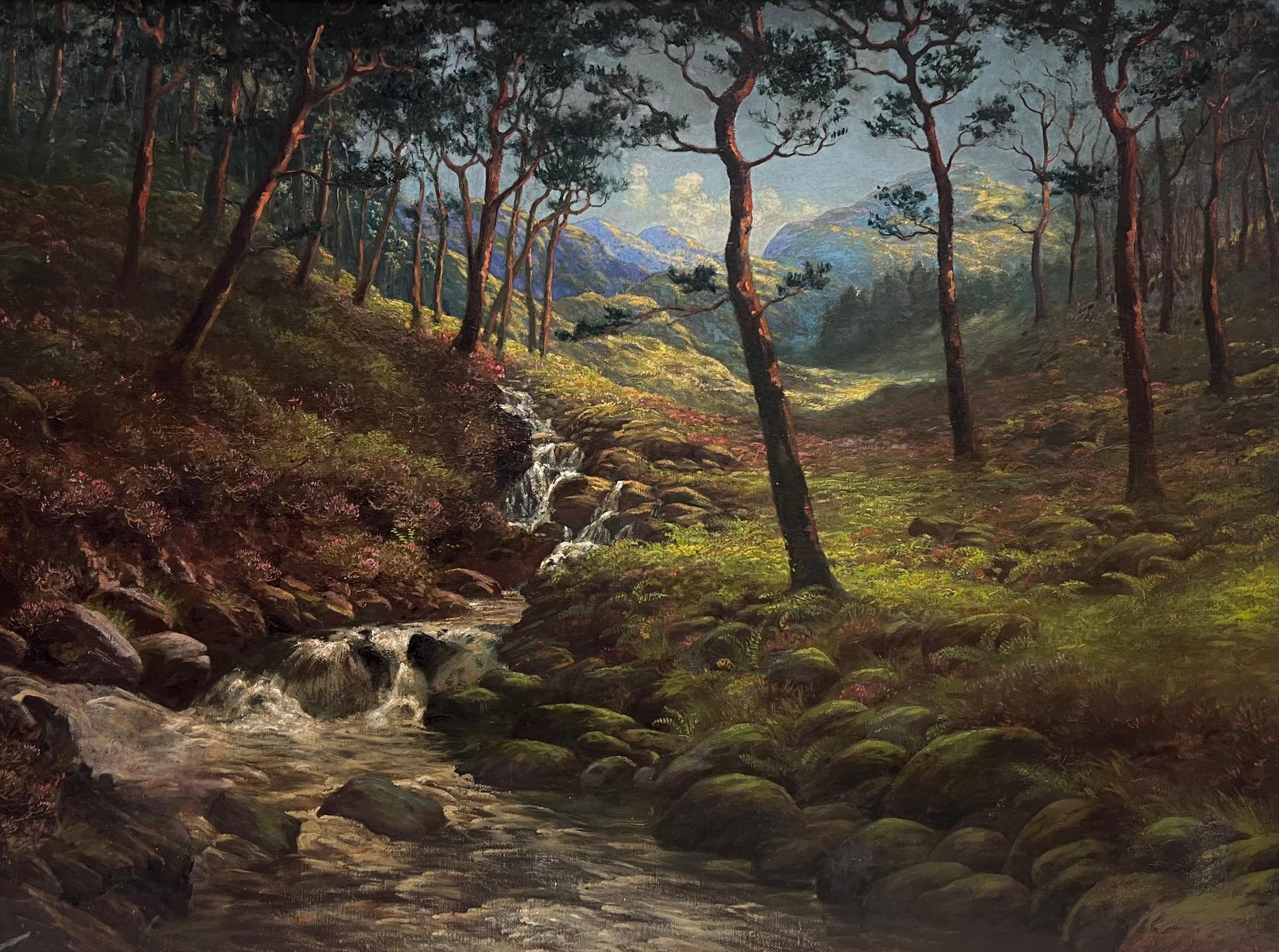 1920's Beautiful Summer Scottish Highlands Signed Ölgemälde Wasserfall Tal im Angebot 1