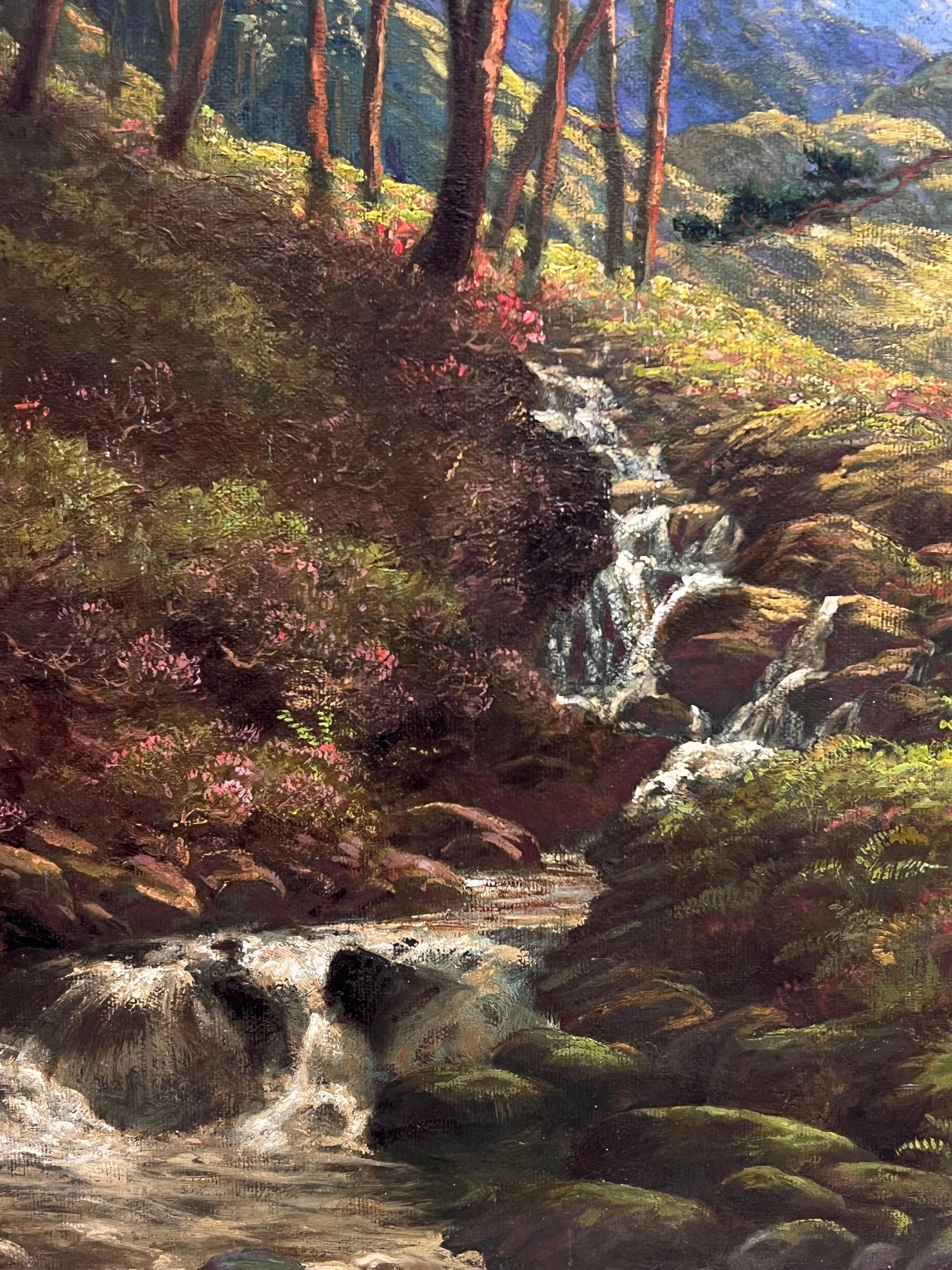 1920's Beautiful Summer Scottish Highlands Signed Ölgemälde Wasserfall Tal im Angebot 3