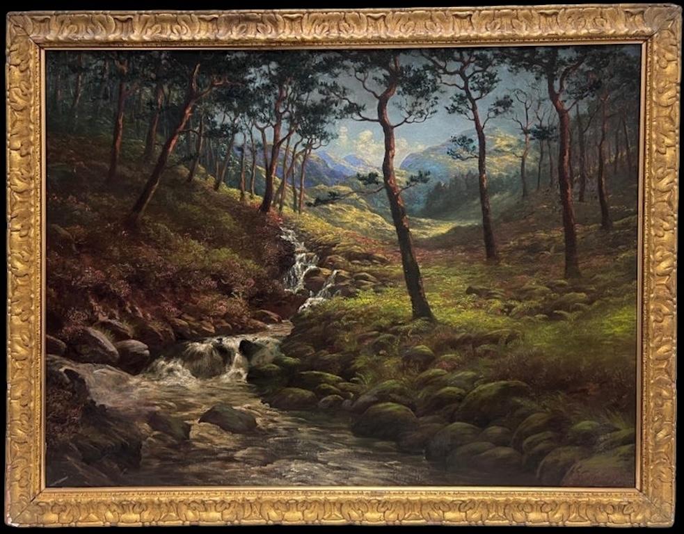 Early 20th Century Scottish School Landscape Painting – 1920's Beautiful Summer Scottish Highlands Signed Ölgemälde Wasserfall Tal