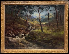 1920's Beautiful Summer Scottish Highlands Signed Ölgemälde Wasserfall Tal