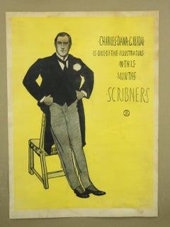 Scribner's Poster des frühen 20. Jahrhunderts mit der Darstellung eines Mannes in Anzug auf gelbem Hintergrund