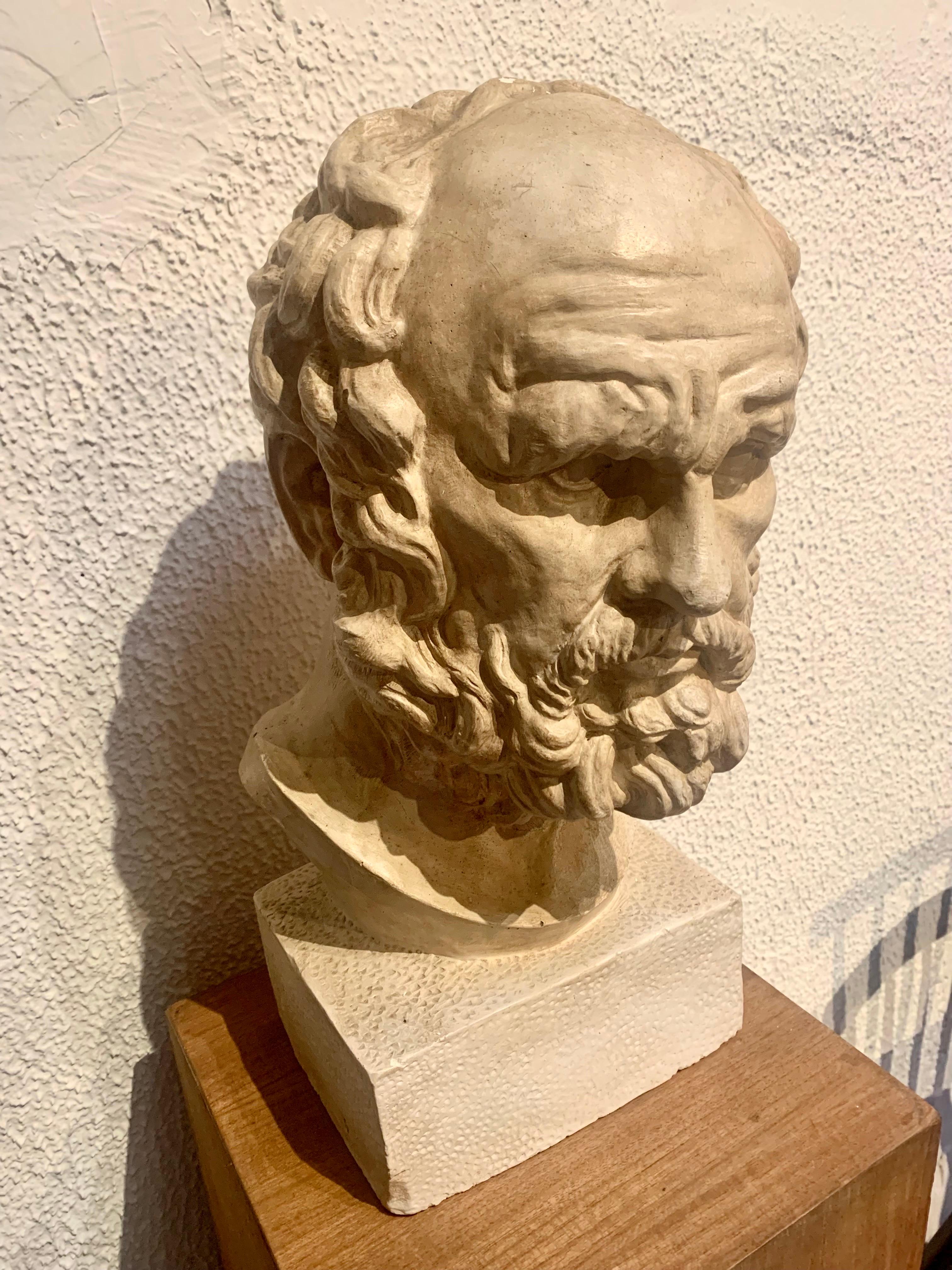 An academy bust in plaster representing a Greek philosopher, possibly Platon, the bust has a high quality of execution and is slightly patinated.