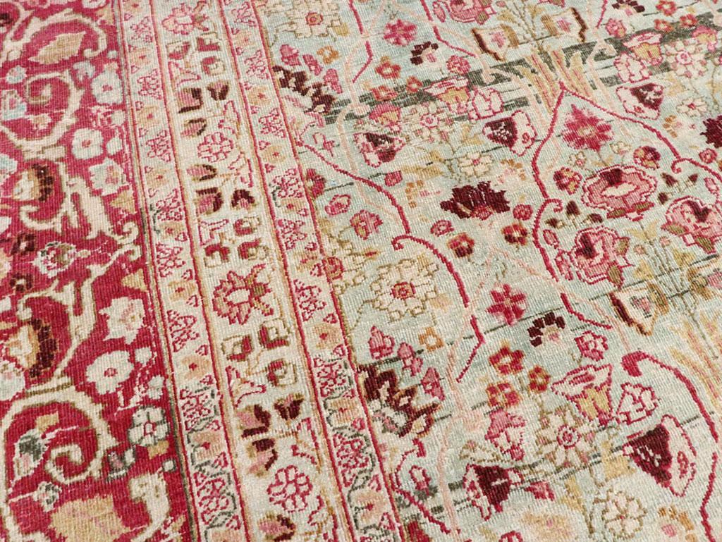 Victorian Early 20th Century Seafoam Green, Ruby Red and Pink Persian Room Size Rug