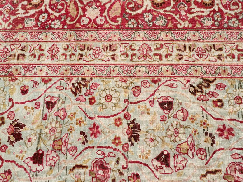 Hand-Knotted Early 20th Century Seafoam Green, Ruby Red and Pink Persian Room Size Rug