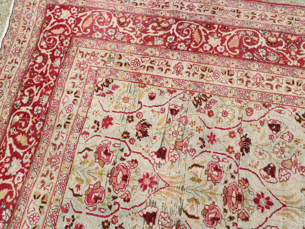 Early 20th Century Seafoam Green, Ruby Red and Pink Persian Room Size Rug In Good Condition In New York, NY