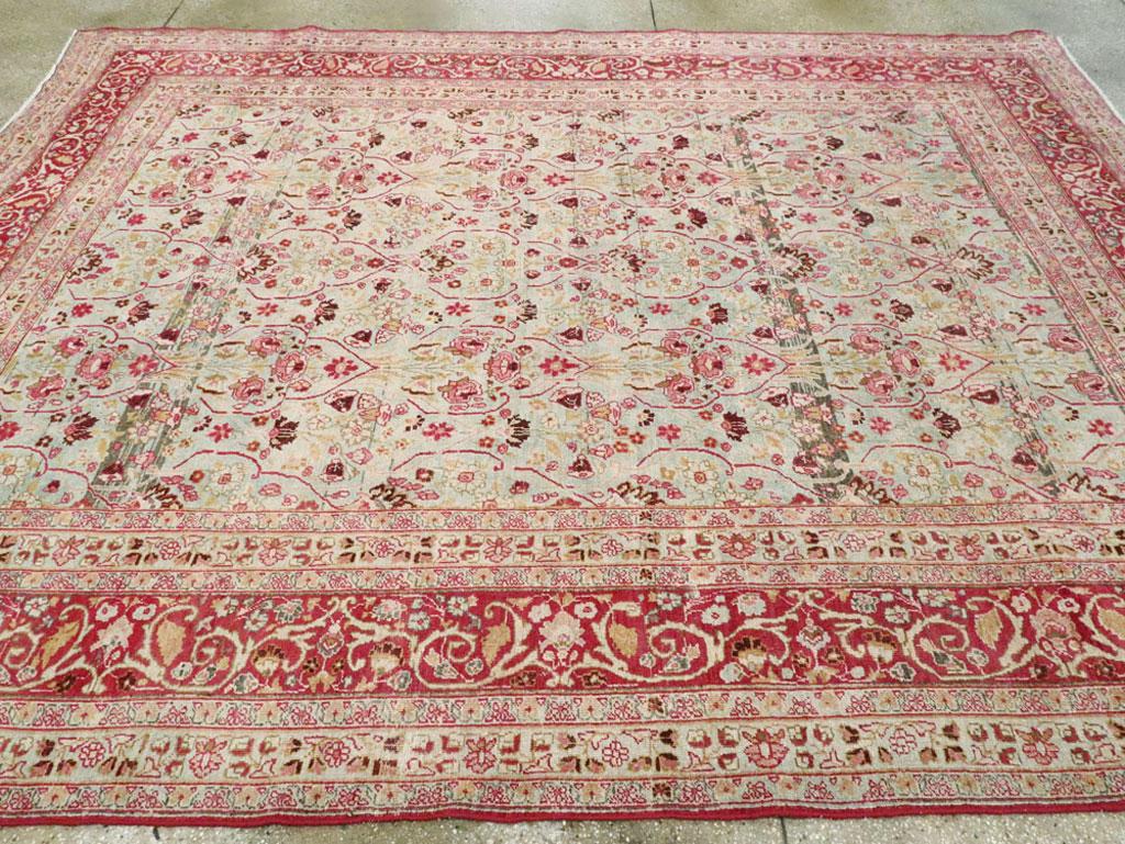 Wool Early 20th Century Seafoam Green, Ruby Red and Pink Persian Room Size Rug