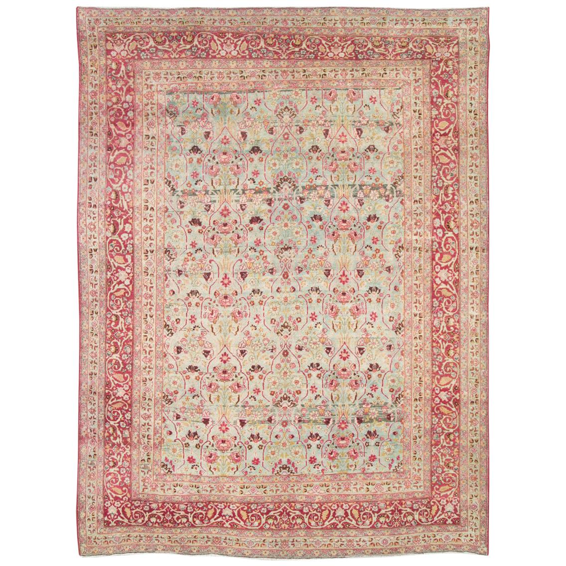 Early 20th Century Seafoam Green, Ruby Red and Pink Persian Room Size Rug