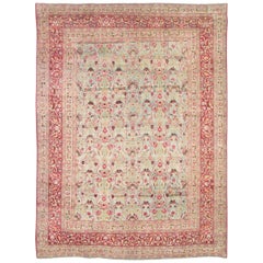 Antique Early 20th Century Seafoam Green, Ruby Red and Pink Persian Room Size Rug