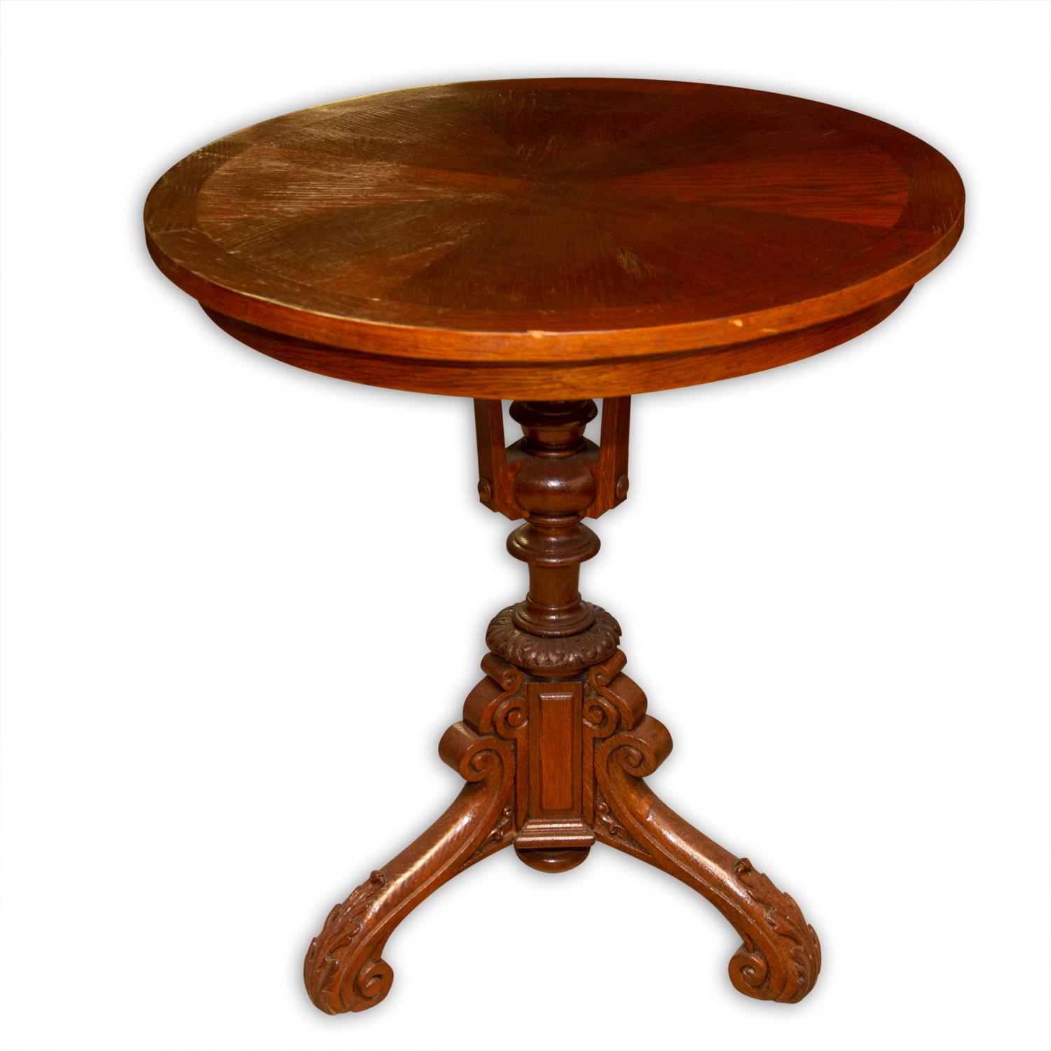 This round occasional table was designed and produced in Austria-Hungary, circa 1915. It was made of oakwood. The table is completely refurbished and varnished.

Measures: Height: 76 cm

Lenght: 70 cm

Depth: 70 cm.
   