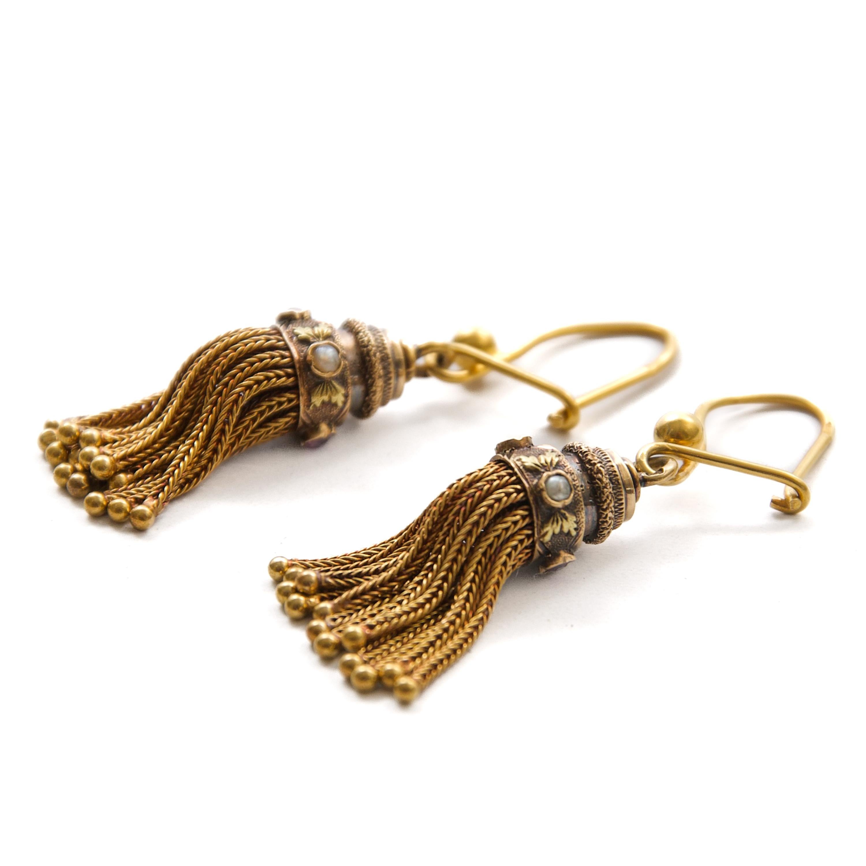 Early 20th Century Gold Seed Pearl and Synthetic Ruby Tassel Dangle Earrings For Sale 4