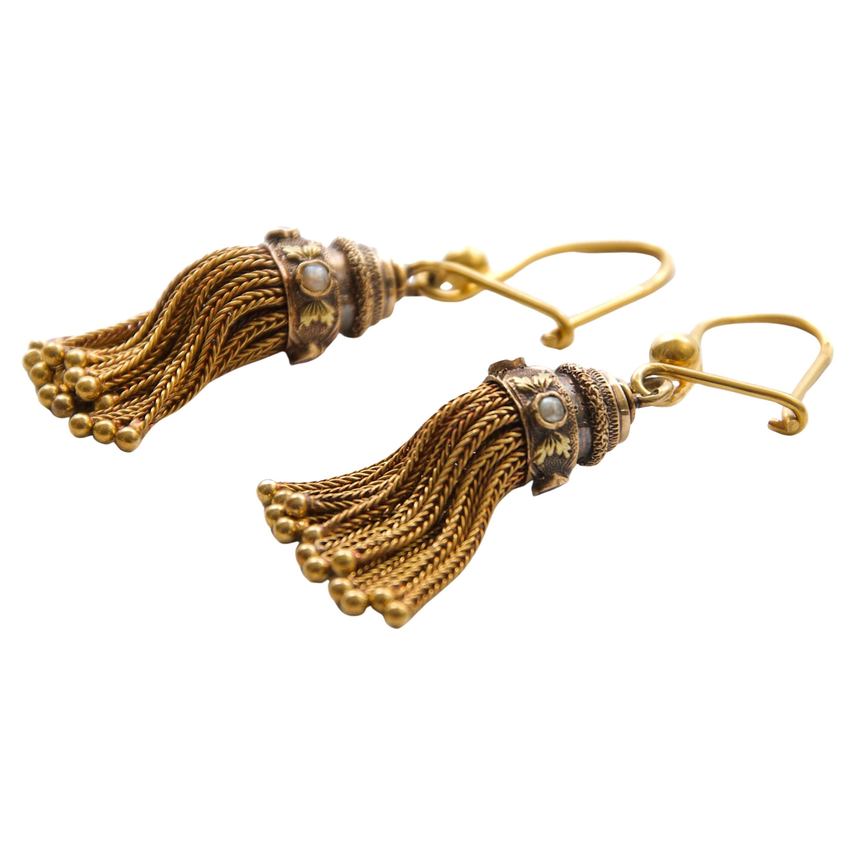 Revival Early 20th Century Gold Seed Pearl and Synthetic Ruby Tassel Dangle Earrings For Sale