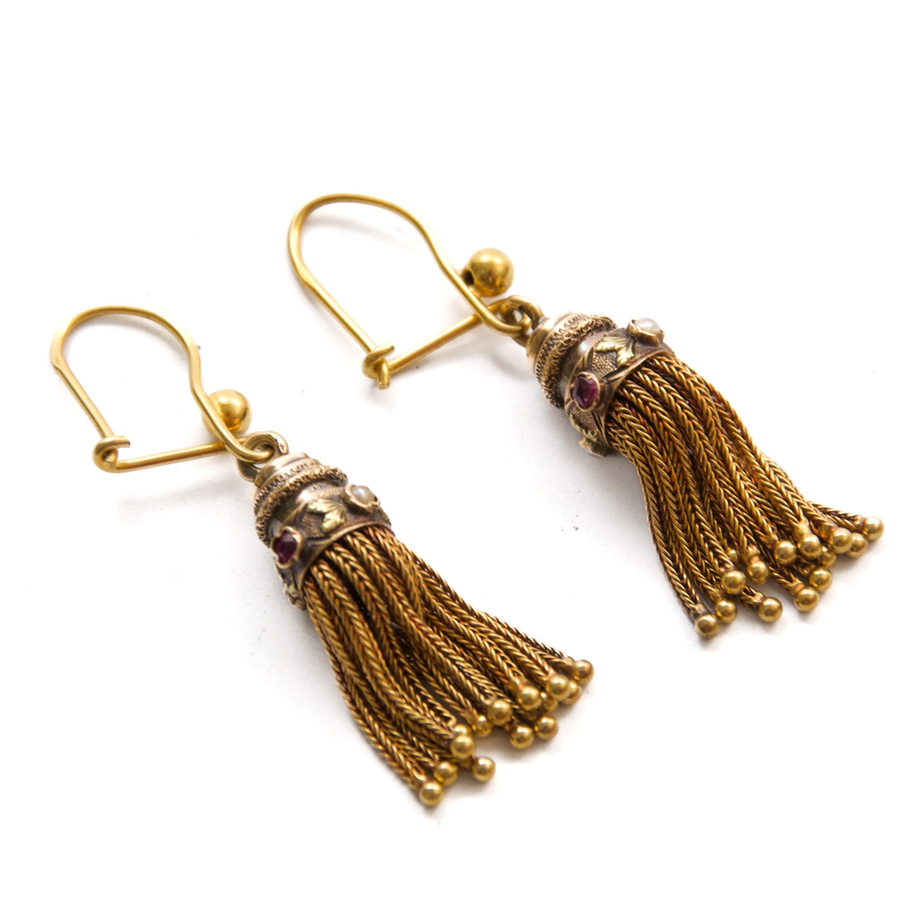 Round Cut Early 20th Century Gold Seed Pearl and Synthetic Ruby Tassel Dangle Earrings For Sale