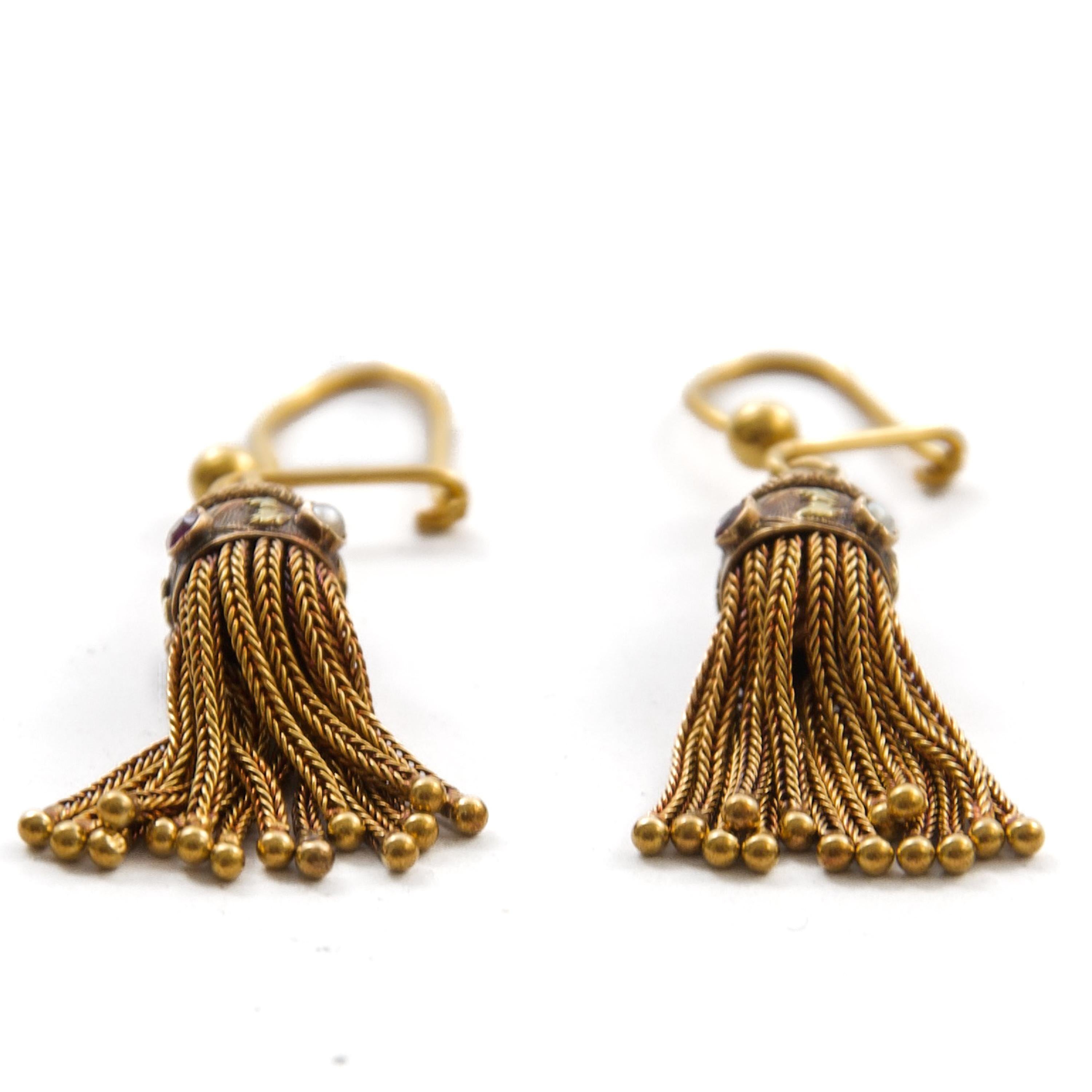 Women's Early 20th Century Gold Seed Pearl and Synthetic Ruby Tassel Dangle Earrings For Sale