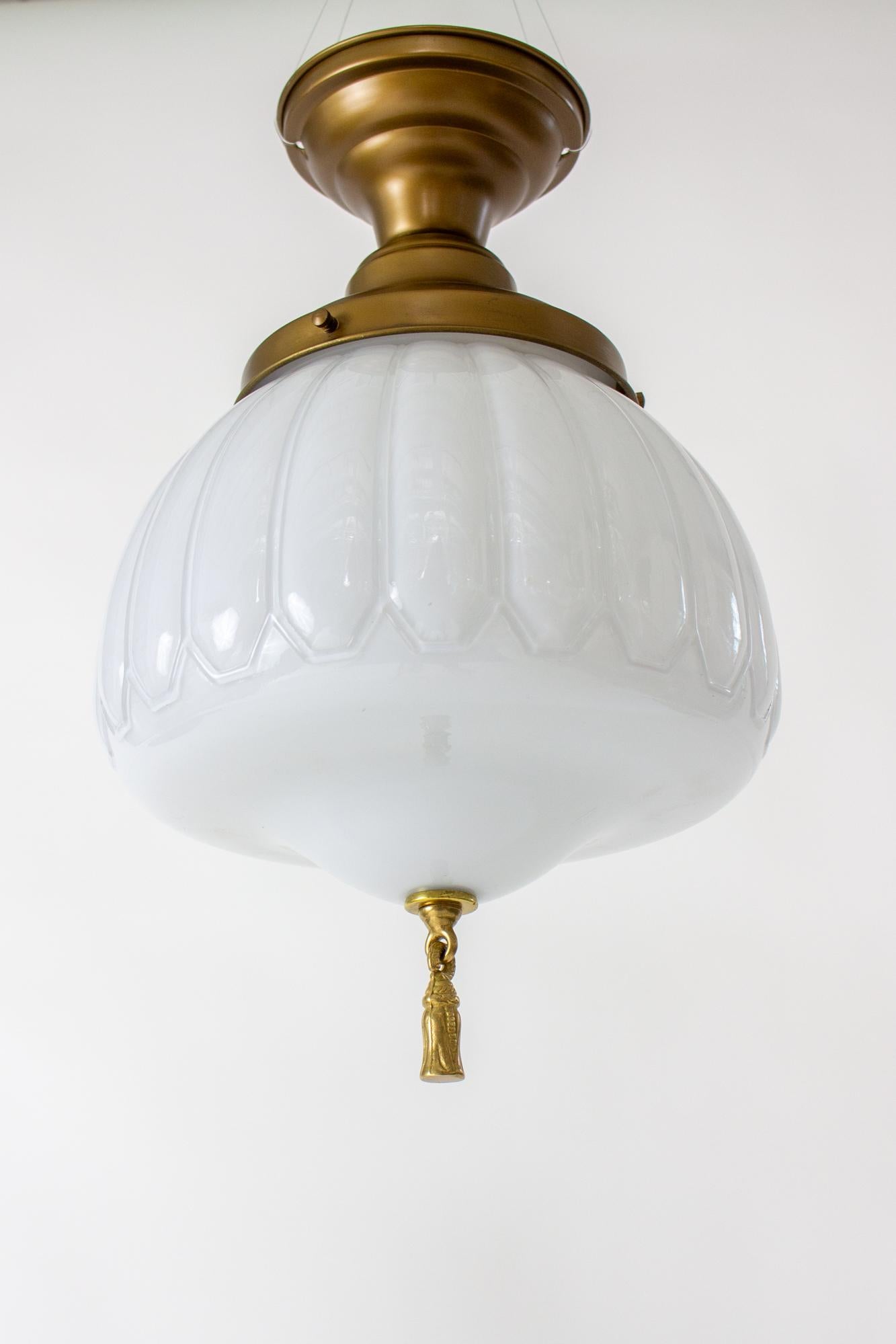 Early 20th Century Semi Flush White Case Glass Fixture With Bronze Tassel In Good Condition For Sale In Canton, MA