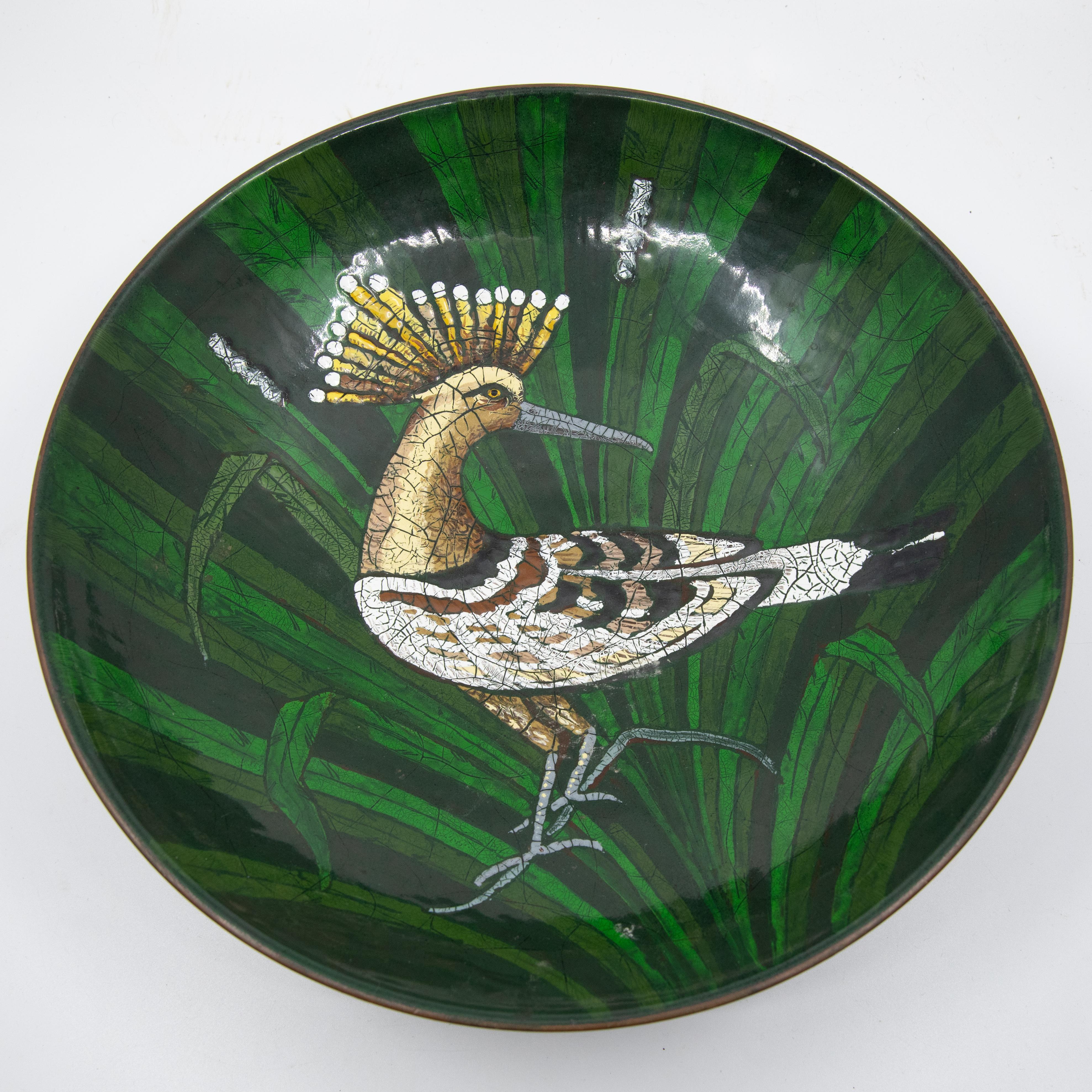 Early 20th century Russian Serge Nekrassoff enamel bowl with bird of paradise. Signed NEKRASSOFF on bottom.