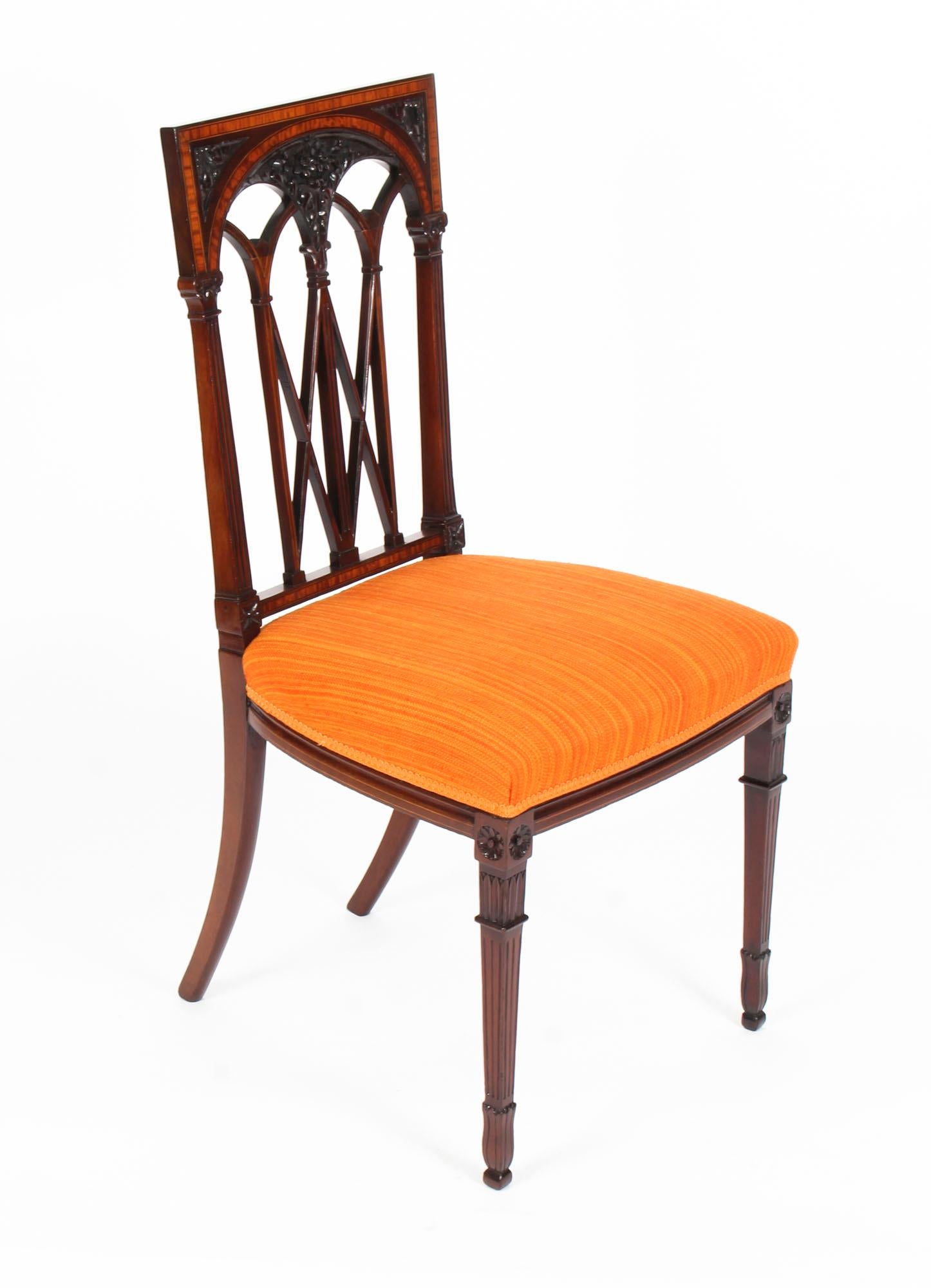 Early 20th Century Set 6 Sheraton Revival Mahogany and Satinwood Dining Chairs 4