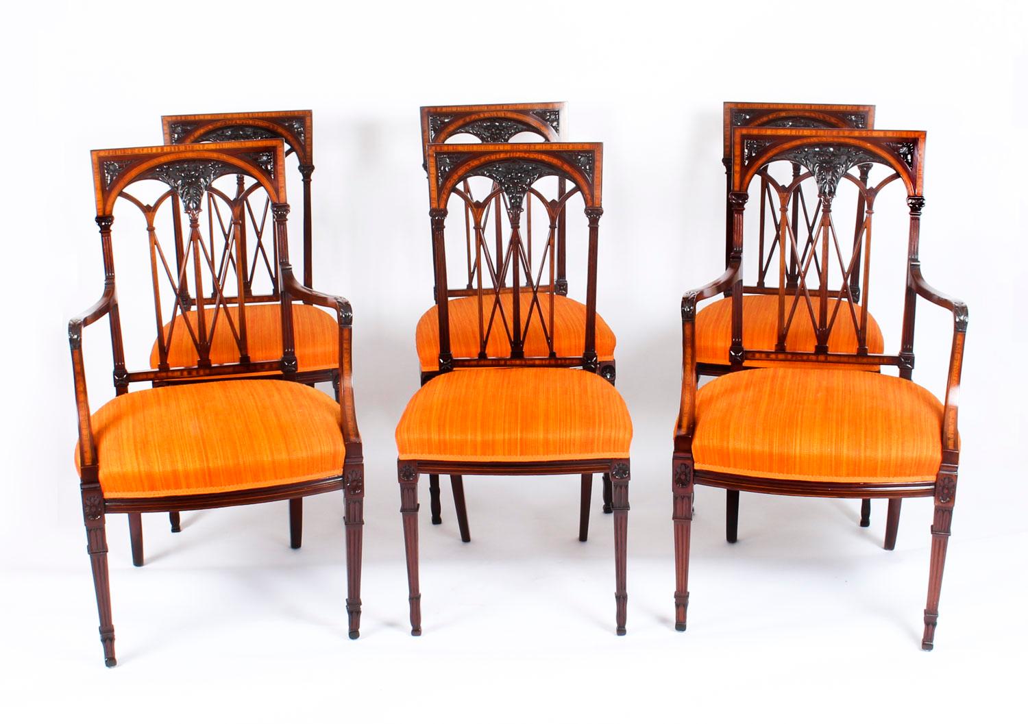 Early 20th Century Set 6 Sheraton Revival Mahogany and Satinwood Dining Chairs 12