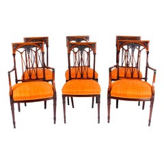 Antique Early 20th Century Set 6 Sheraton Revival Mahogany and Satinwood Dining Chairs