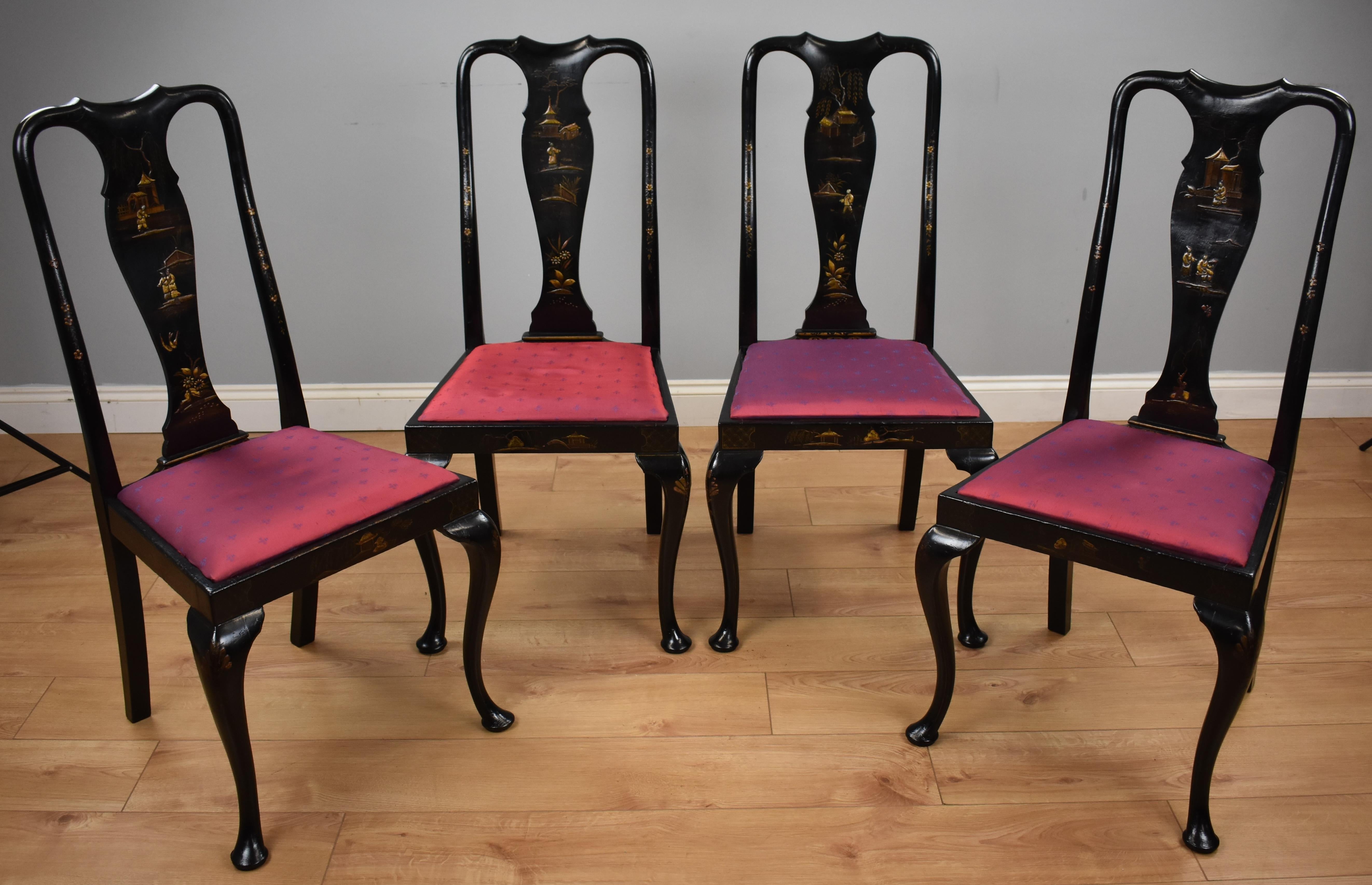 Early 20th century set four Queen Anne style chinoiserie chairs. Each chair is decorated with oriental figures and scenes, each chair having a different decoration. All the chairs are structurally sound in good condition with drop in seats.