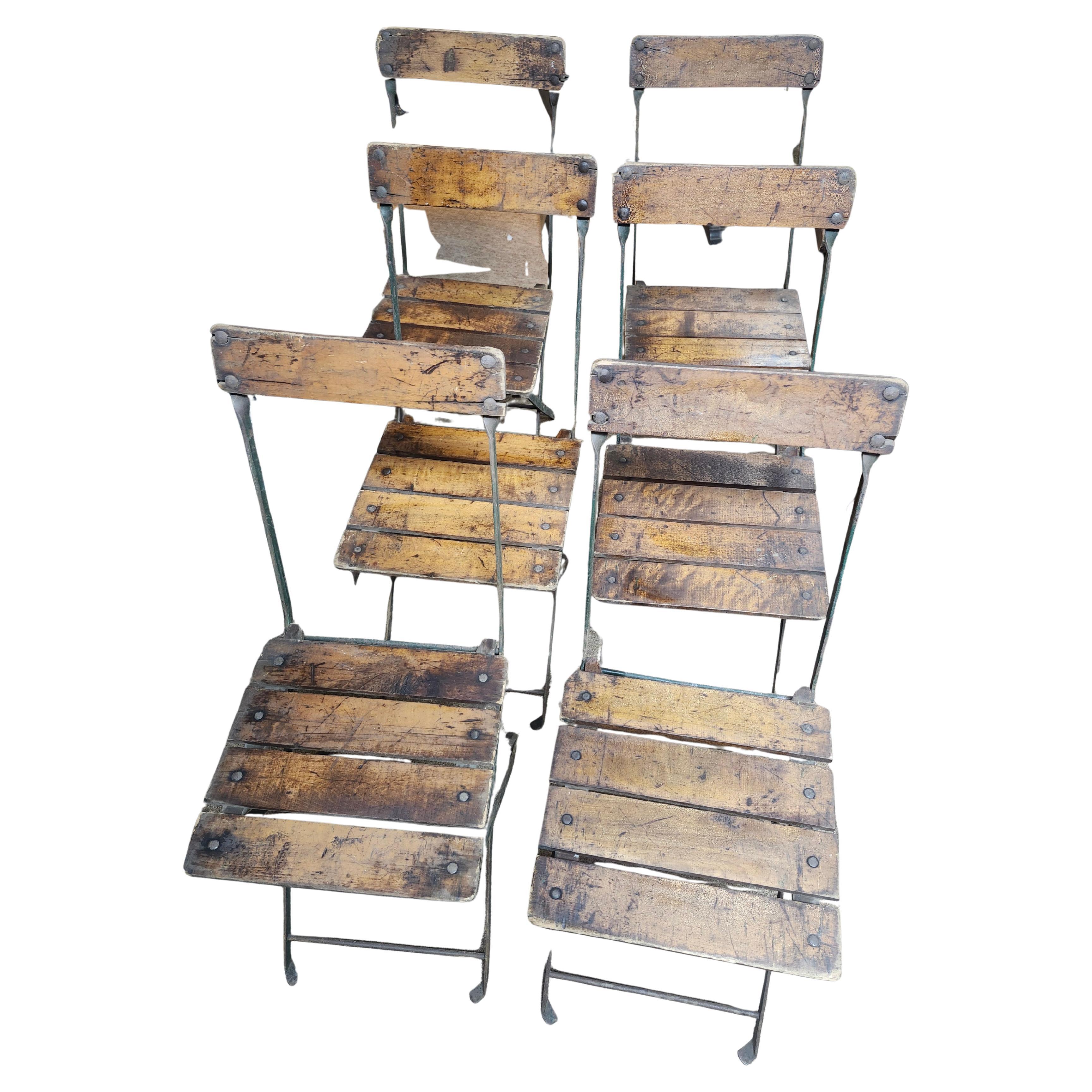 Early 20th Century Set of 6 French Bistro Patio Garden Dining Chairs Original