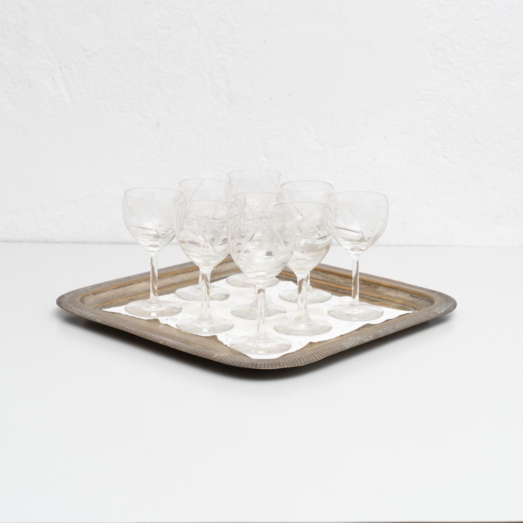 Mid-20th Century Early 20th century Set of 9 Antique French Glass Wine Cups with a Brass Tray For Sale