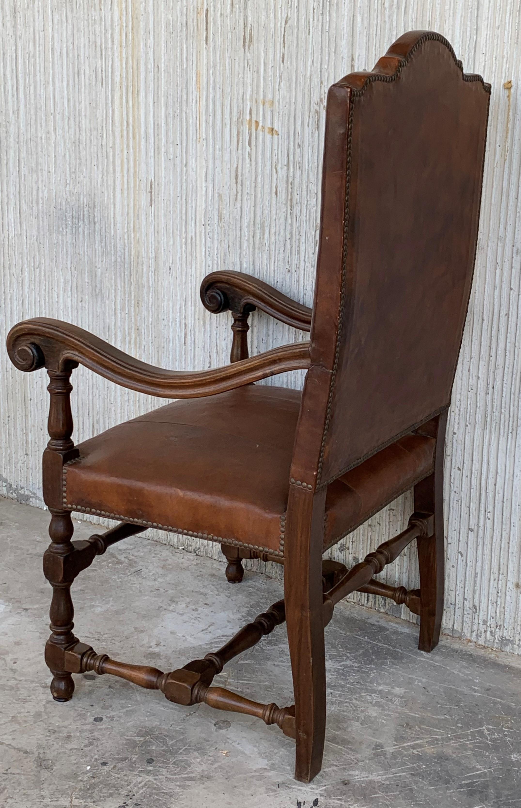 Spanish Colonial Early 20th Century Set of Dining Walnut Armchairs and Chairs with Leather