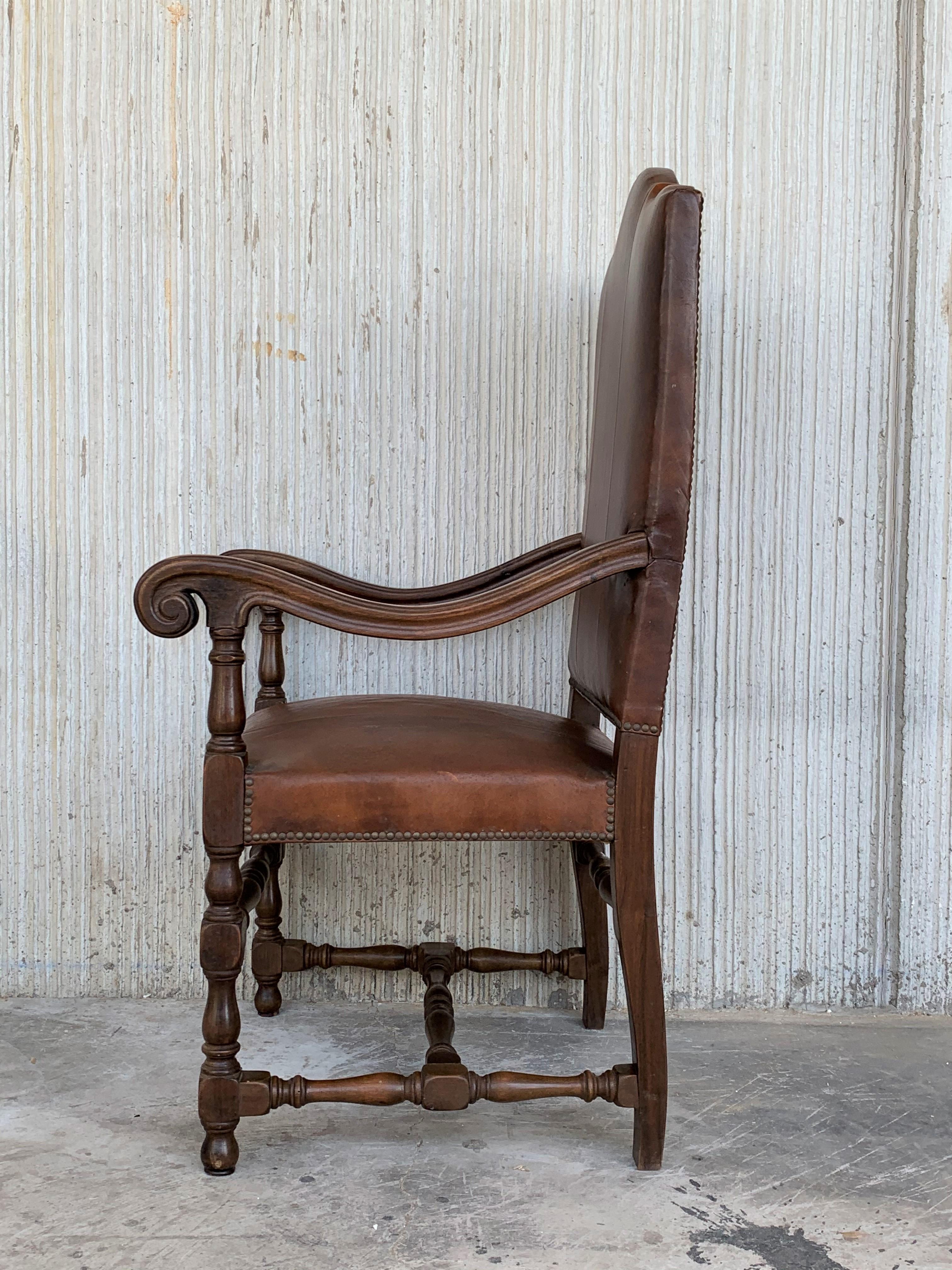 Spanish Early 20th Century Set of Dining Walnut Armchairs and Chairs with Leather