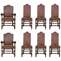 Early 20th Century Set of Dining Walnut Armchairs and Chairs with Leather