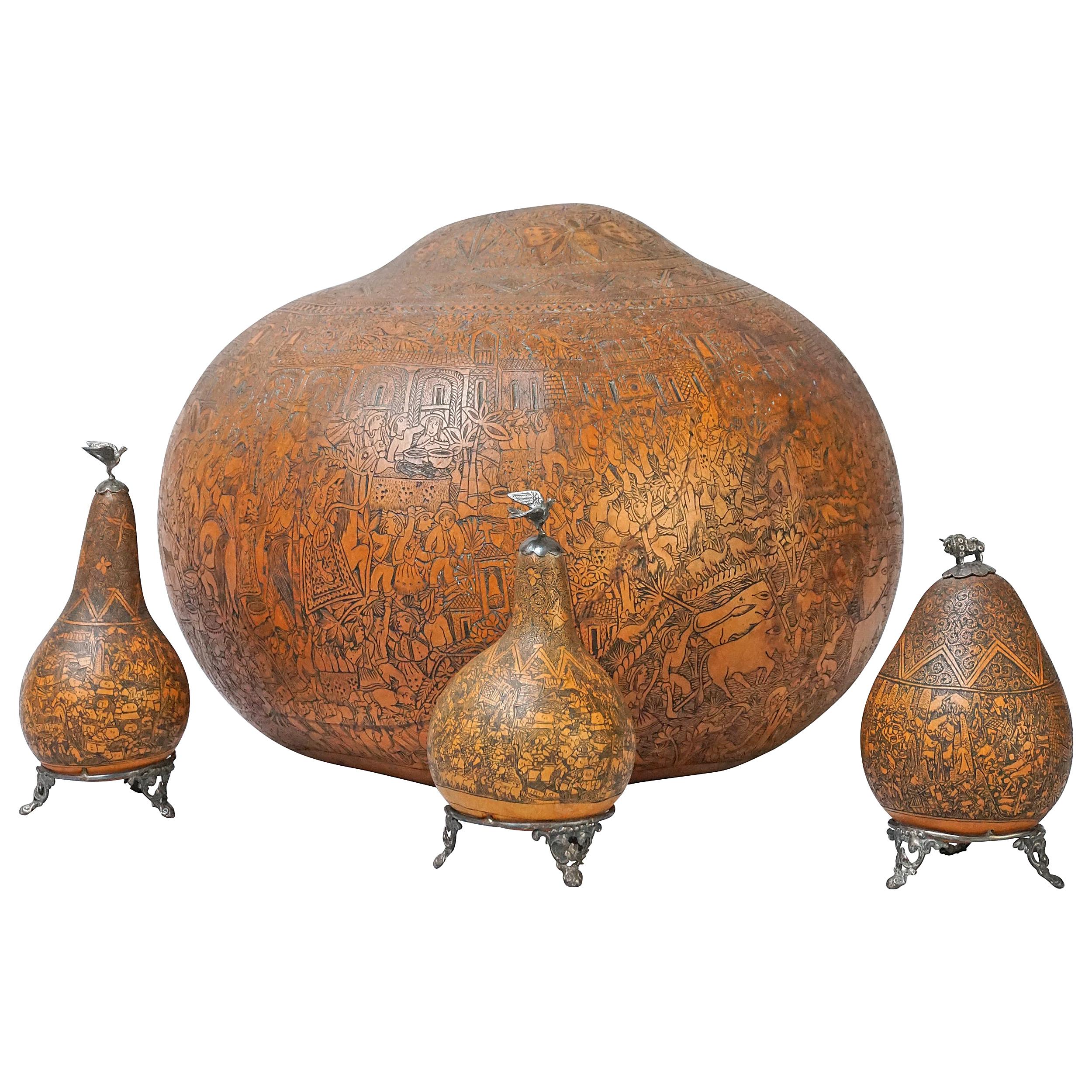 early 20th Century Set of Four Peruvian Carved Gourds For Sale