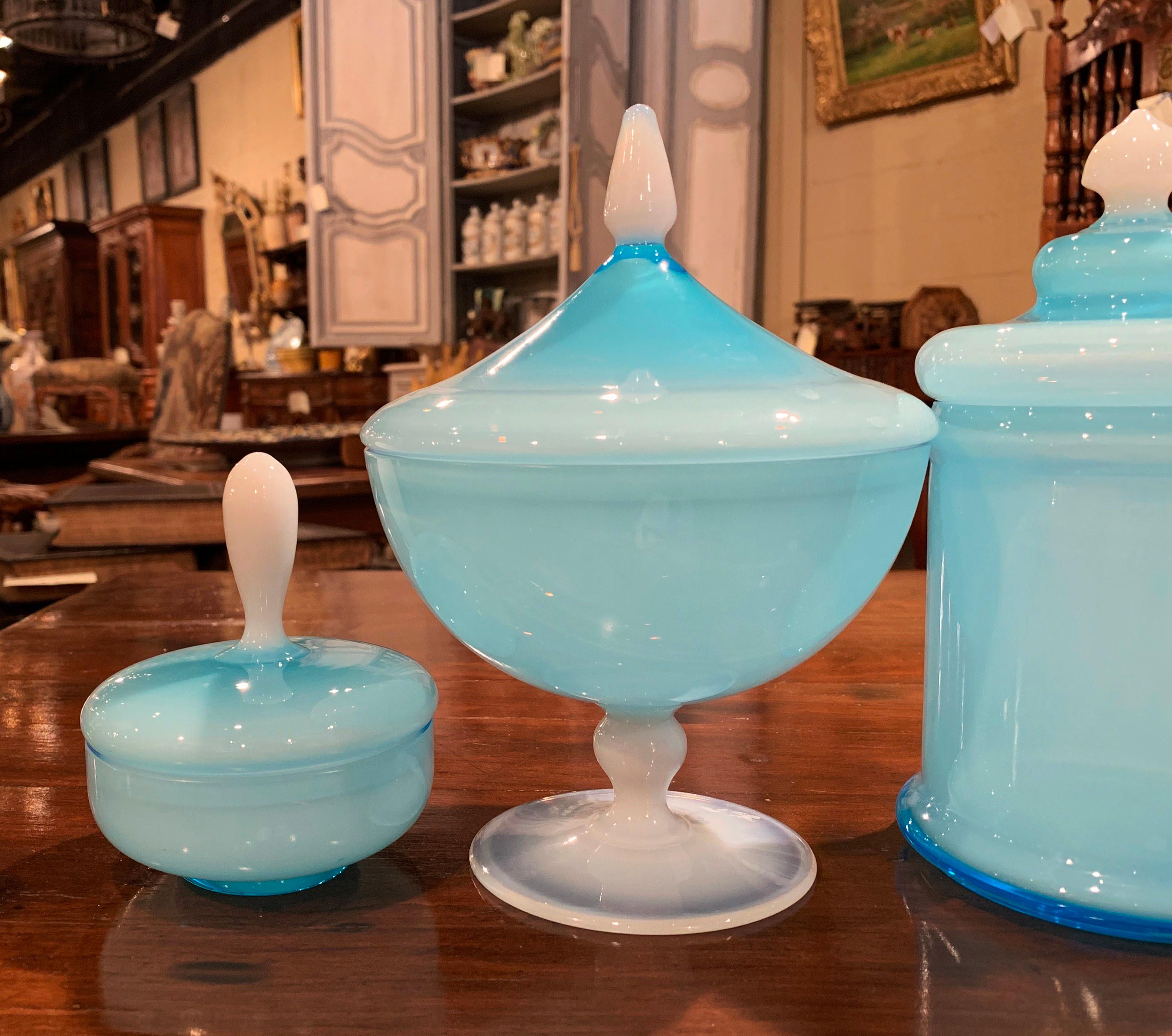 Hand-Crafted Early 20th Century Set of French Blue Opaline Toiletry and Perfume Glass Bottles