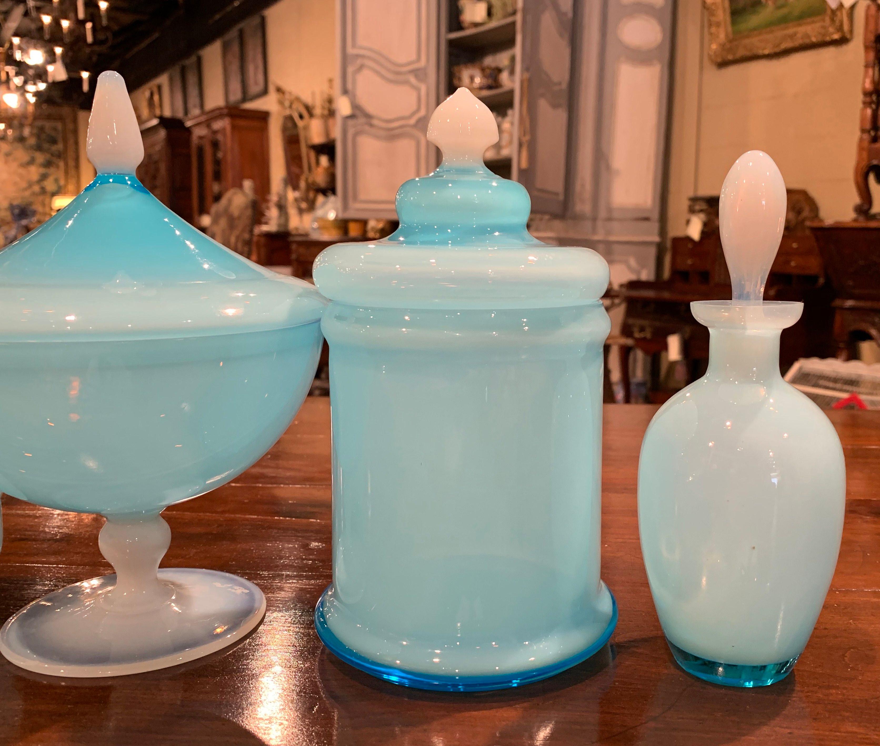 Early 20th Century Set of French Blue Opaline Toiletry and Perfume Glass Bottles In Excellent Condition In Dallas, TX