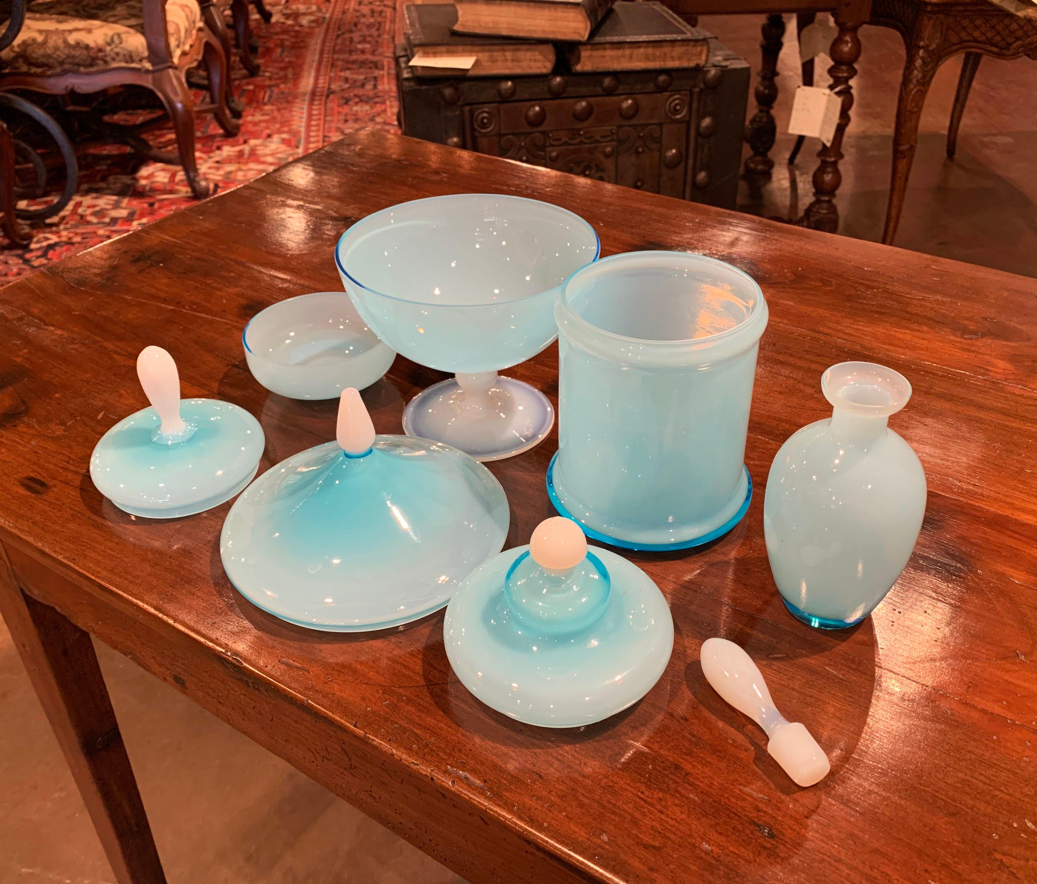 Early 20th Century Set of French Blue Opaline Toiletry and Perfume Glass Bottles 2