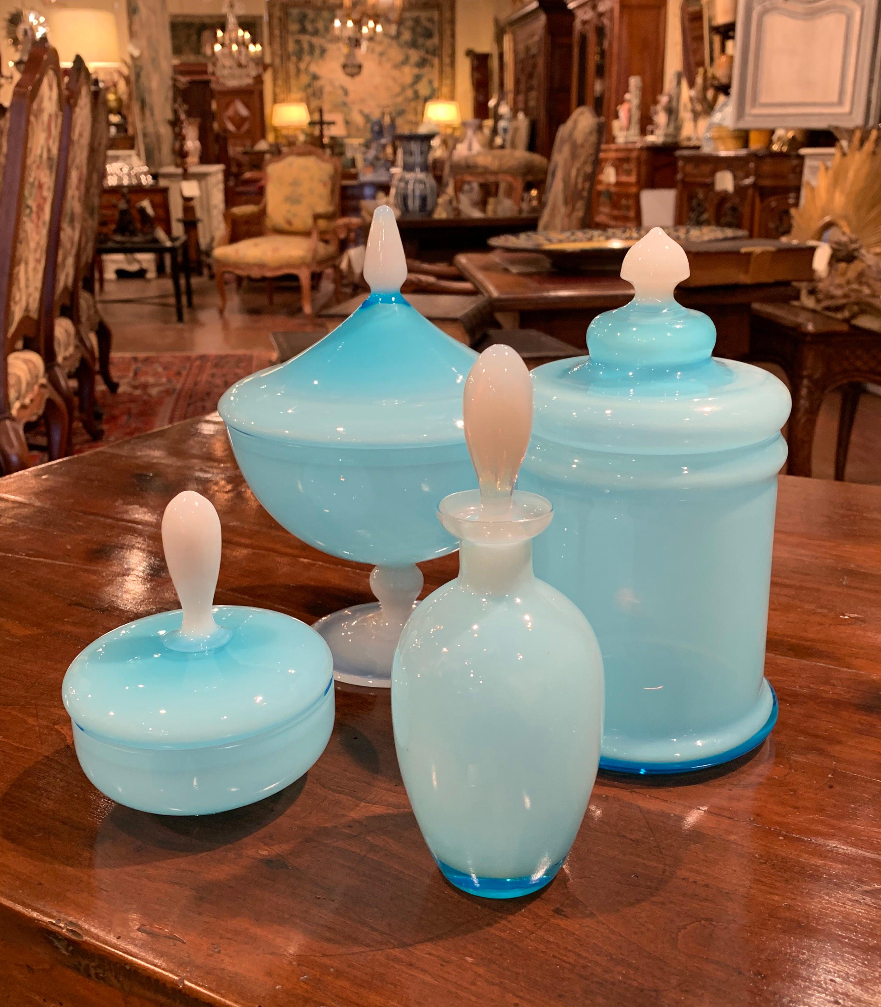 Early 20th Century Set of French Blue Opaline Toiletry and Perfume Glass Bottles 4