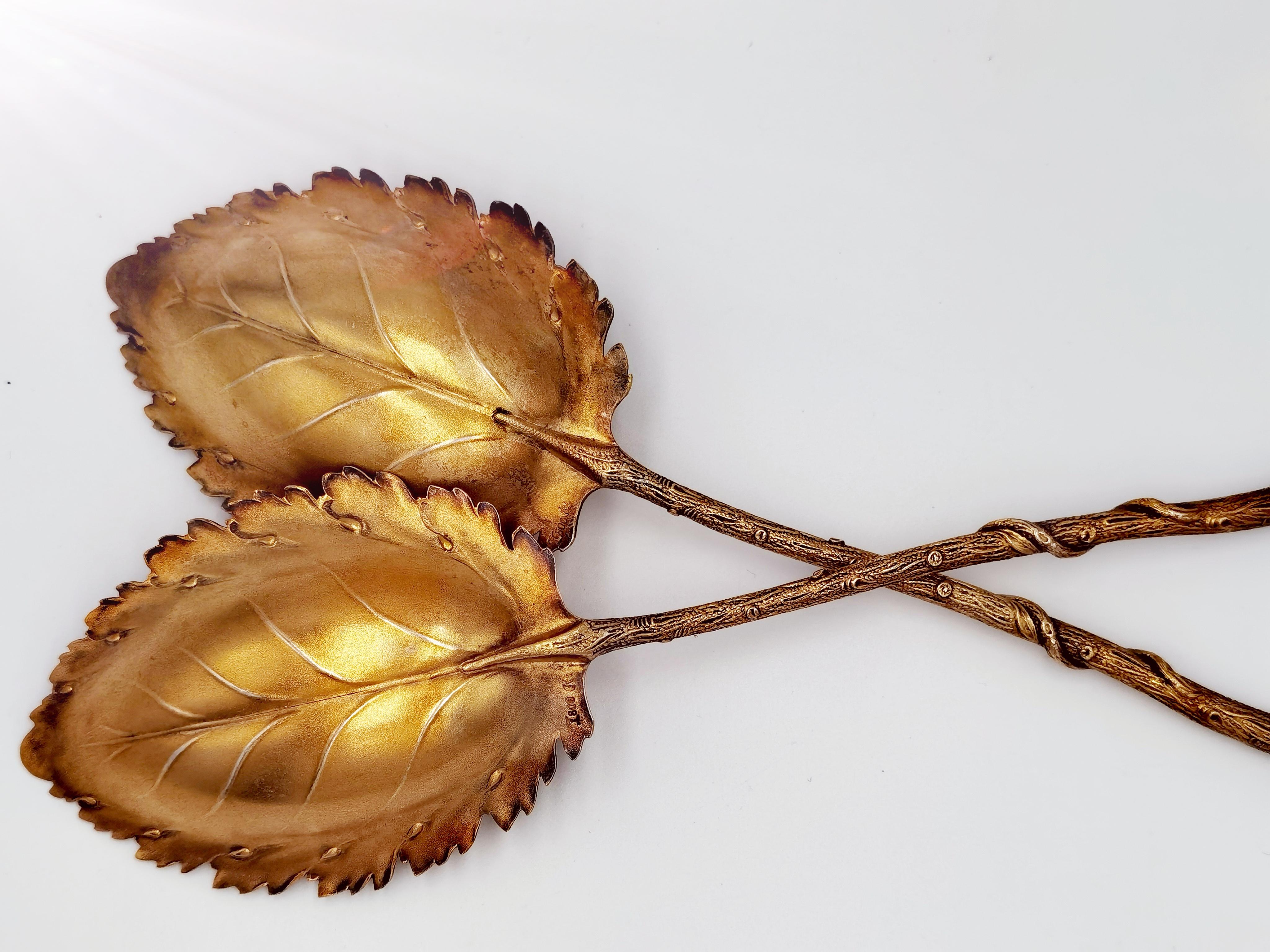 German set of 800 gilt silver salad servers in the shape of naturalistic leaves with branches. Manufactured about 1900 in Germany. Stamped 800 silver. About 160 gram.